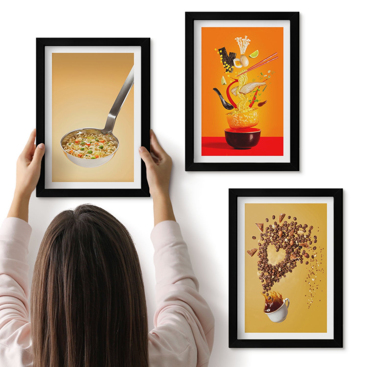 Galeria ścienna 3-częściowy komplet obrazów w czarnych ramach - Kuchenne motywy jedzenia i napojów - ArtPrintCave