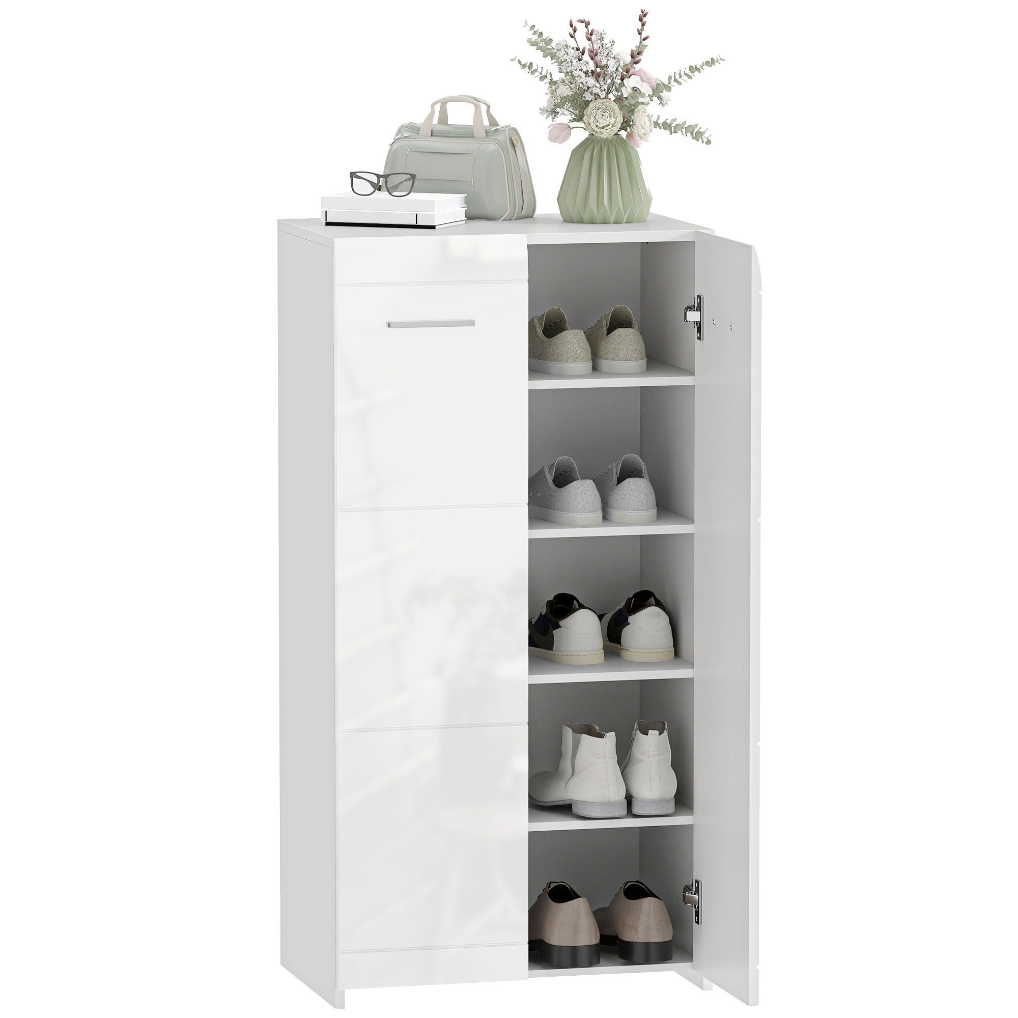 Półka na buty z 5 regulowanymi i wyjmowanymi półkami, drewniana, 55x36x108 cm, błyszcząca biel