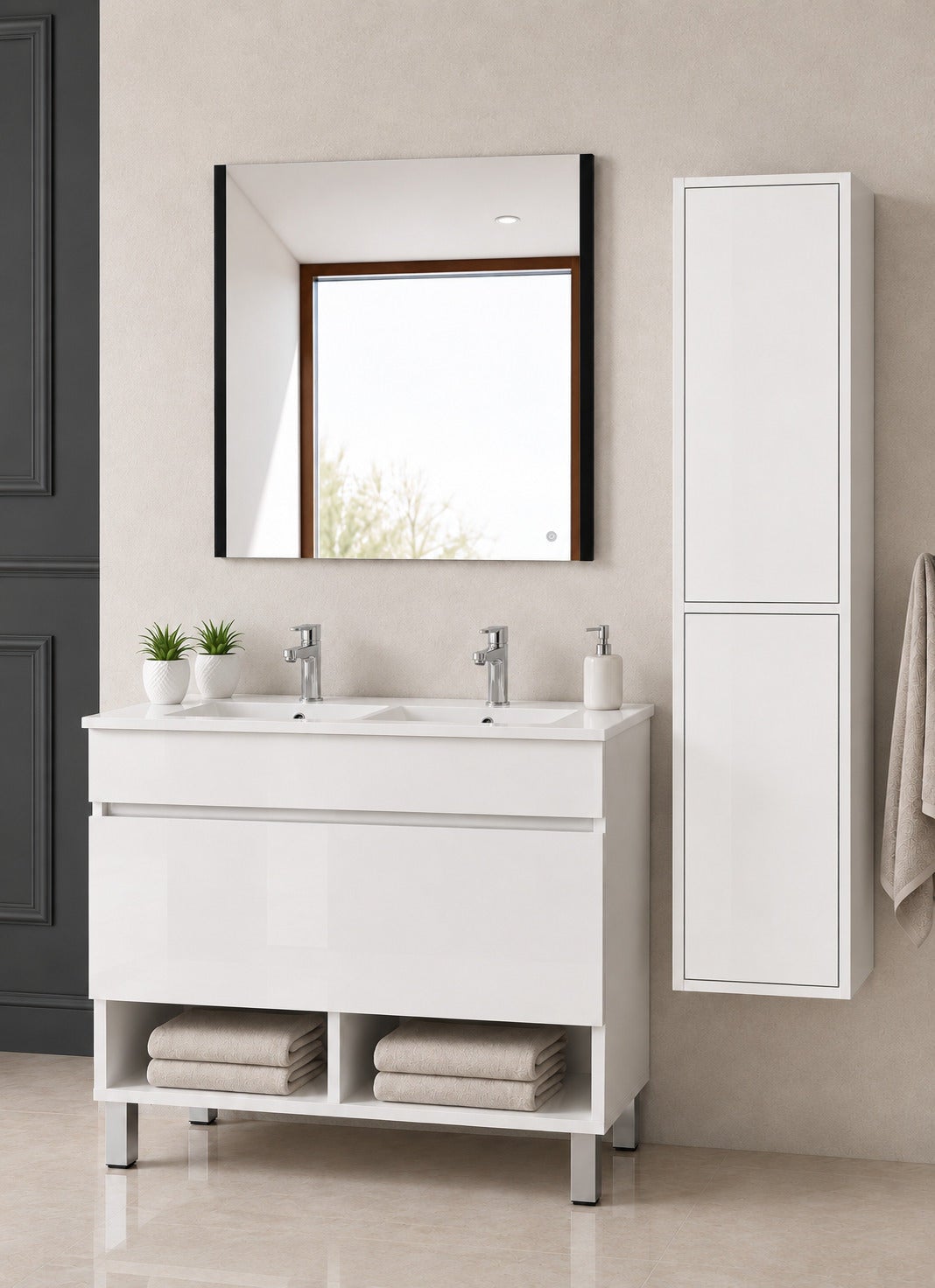 Szafka łazienkowa na nóżkach z umywalką ORIGENBATH NEBARI na nóżkach z szufladą z kolumną 120x45 cm podwójna umywalka biały z kolumną