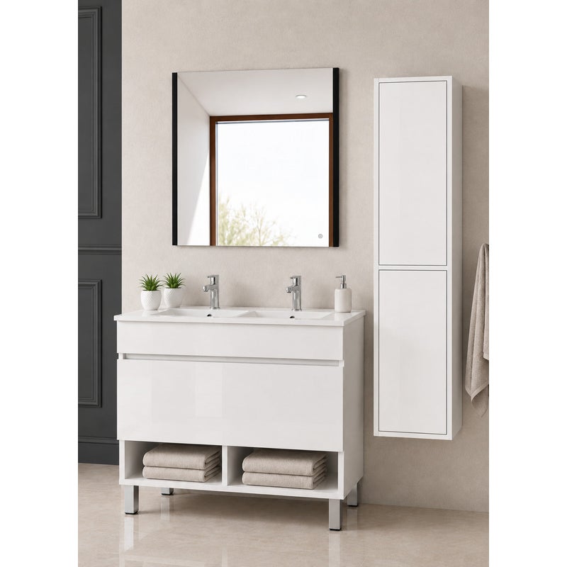 Szafka łazienkowa na nóżkach z umywalką ORIGENBATH NEBARI na nóżkach z szufladą z kolumną 120x45 cm podwójna umywalka biały z kolumną