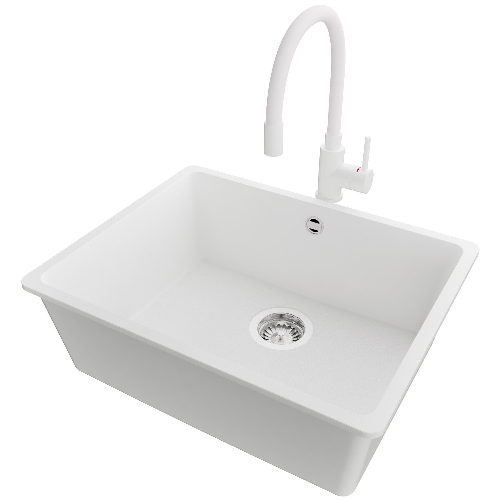 Zlewozmywak podblatowy Biały 56x44cm, Zlew Kuchenny 1 Komorowy + Bateria 38x14cm + Syfon, do szafki od 60cm - Wenecja Easy PRIMAGRAN