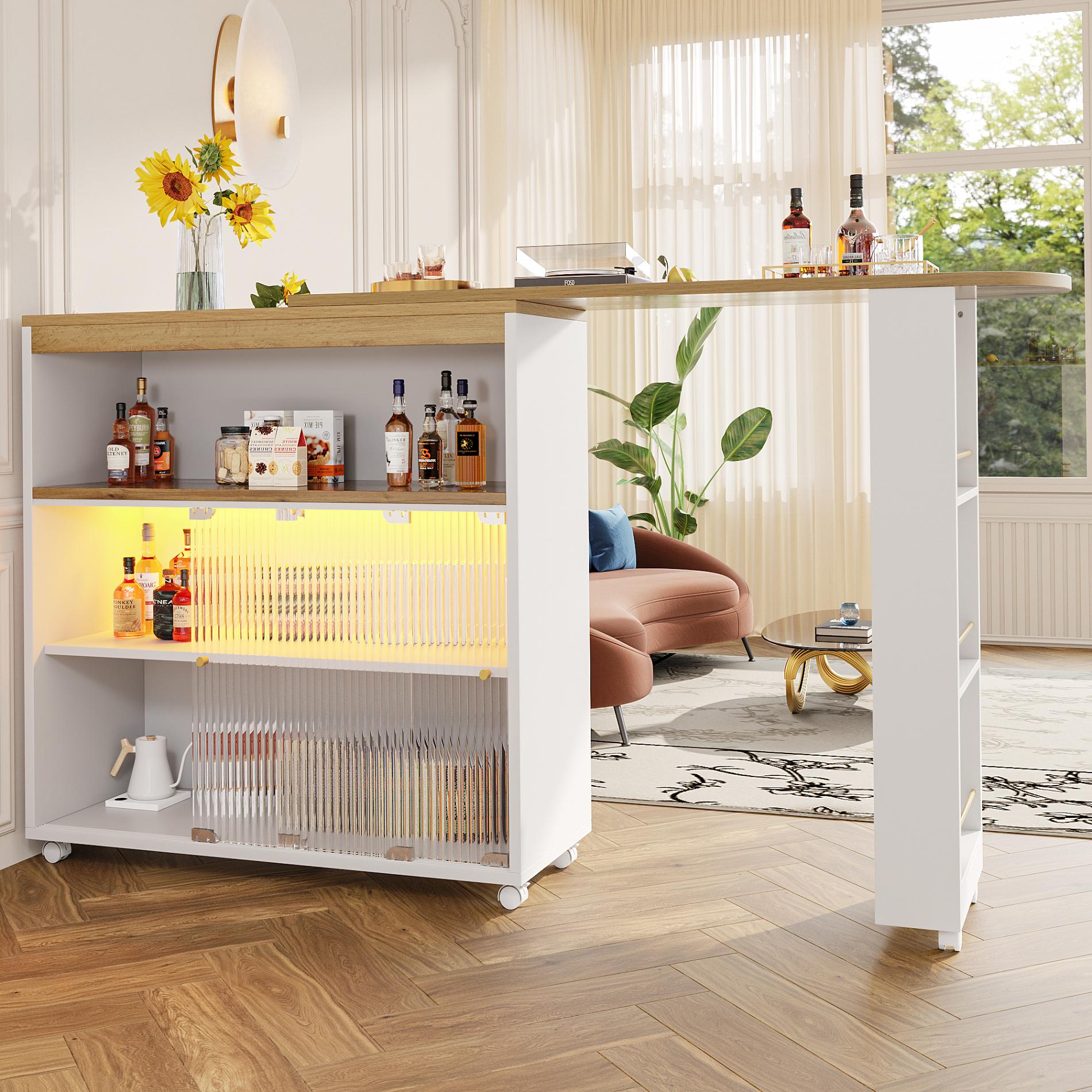 Rozkładany stół barowy ze schowkiem i oświetleniem LED, nowoczesny teleskopowy stół barowy, 138-204×39×105 cm, na kółkach do kuchni i salonu