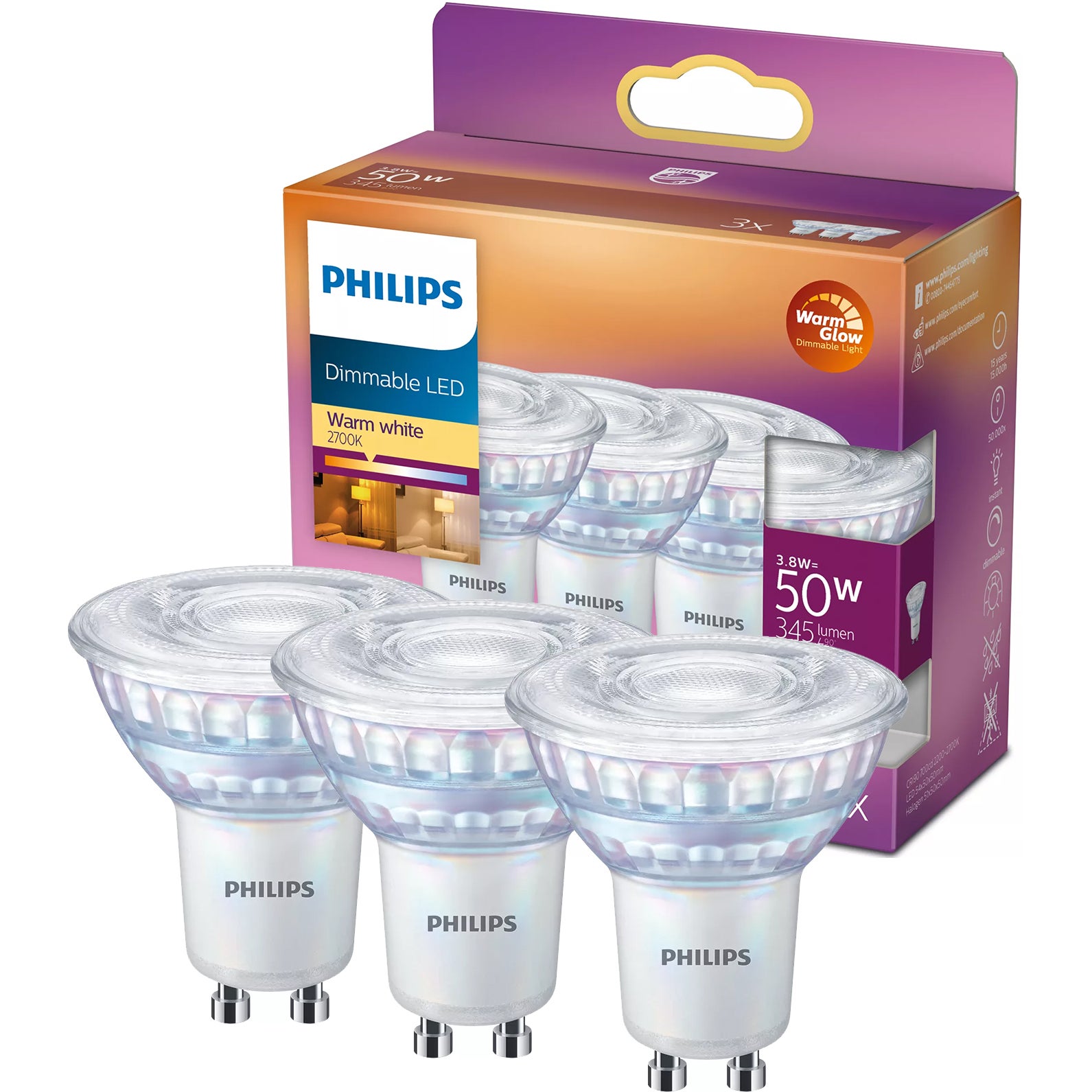 Żarówka LED Philips GU10 Reflektor PAR16 3.8W 345lm 2700K 36st Ściemnialna 3 szt.