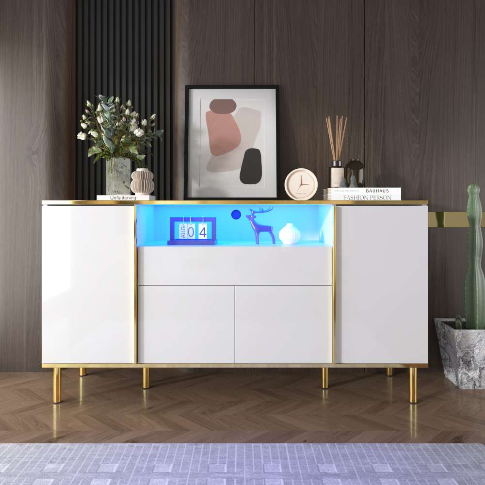 Komoda lakierowana na wysoki połysk z oświetleniem LED, jedną szufladą i wielofunkcyjnym schowkiem, elegancka do sypialni i salonu