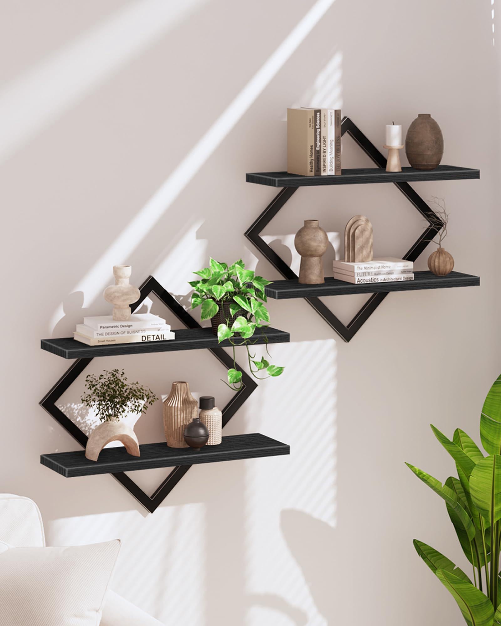 Półki wiszące, zestaw 2 szt., 2-poziomowe półki ścienne, wiszące półki z metalową ramą w kształcie diamentu, do salonu, sypialni, kuchni, biura, czarn