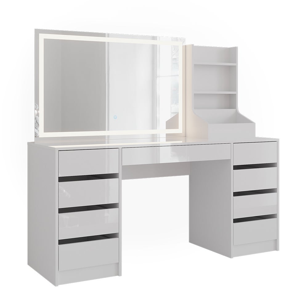 Vicco Stół toaletowy Sherry, Biały/Biały wysoki połysk, 158.2 cm z lusterkiem LED