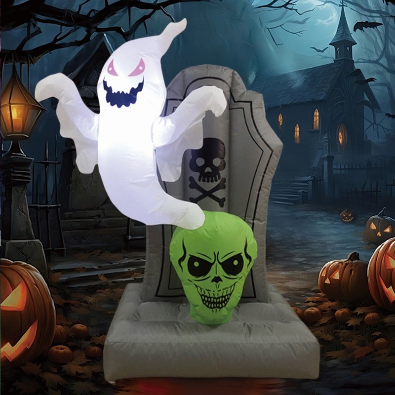 Nadmuchiwany nagrobek Pierre na Halloween z zieloną czaszką i duchem m białe oświetlenie LED dekoracja zewnętrzna do ogrodu trawnik i Boże Narodzenie