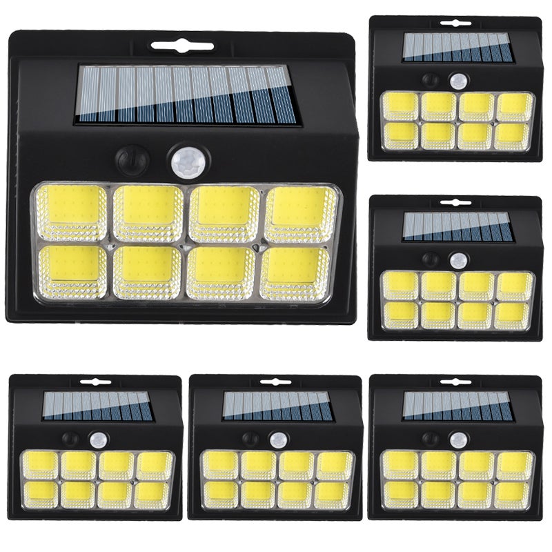 Zestaw 6 zewnętrznych lamp solarnych z czujnikiem ruchu, lampy ochronne solarne w 3 trybach do ogrodu i ogrodzenia, 128 LED