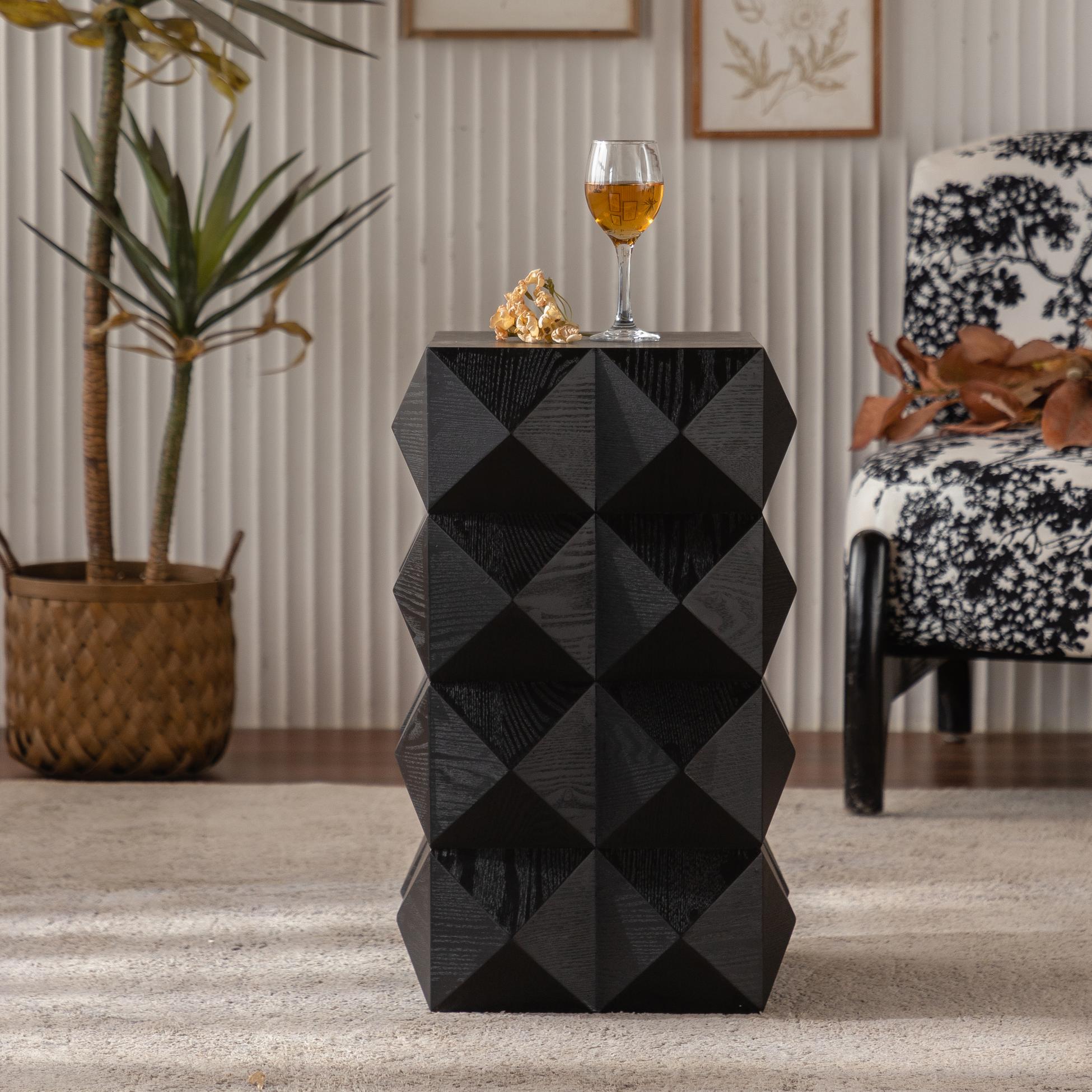 Stolik kawowy w stylu retro z litego czarnego drewna, 60 cm – trójwymiarowe tłoczenie, elegancja i solidność, nie wymaga montażu