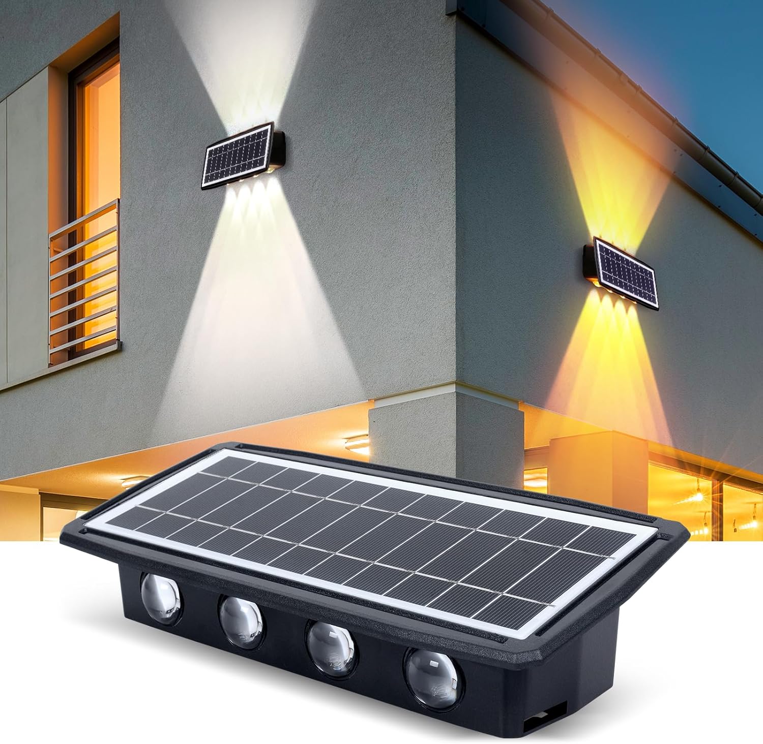 Lampa ścienna zewnętrzna solarna z 2 trybami oświetlenia, 8 diodami LED, 2400 mAh, wodoodporna, do górnego i dolnego ogrodu