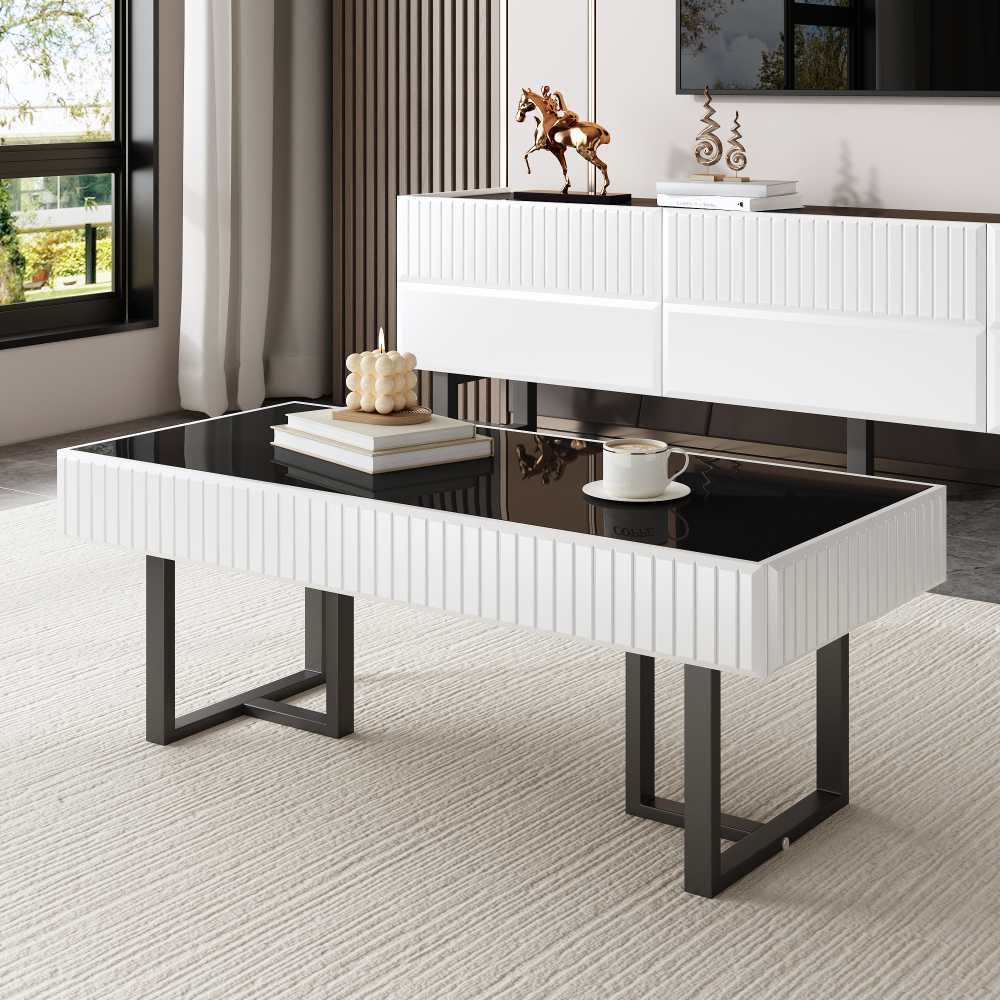 Nowoczesny klasyczny stolik kawowy czarno biały do salonu połysk blat czarny metalowa stabilna konstrukcja 110x50,5x41 cm elegancki mebel