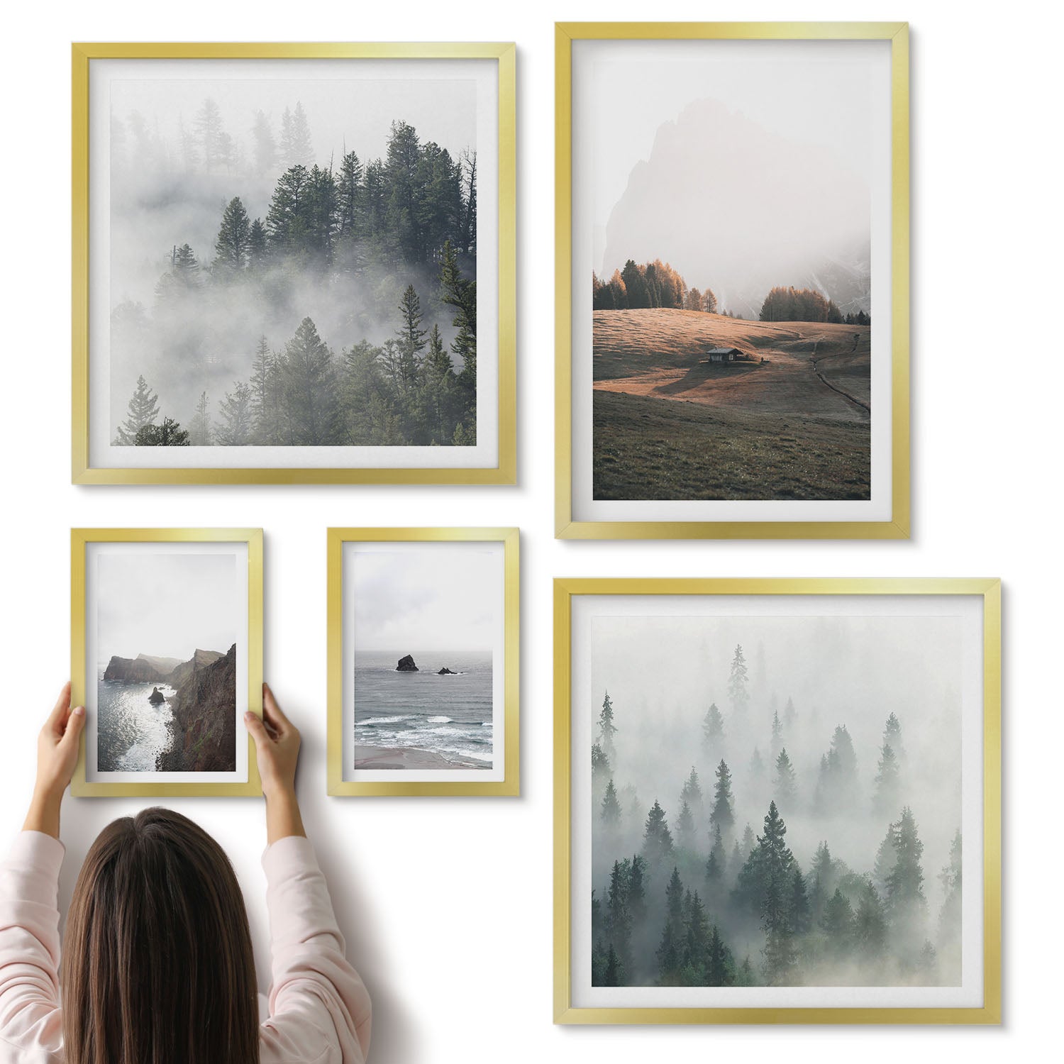 Galeria ścienna 5-częściowy komplet obrazów w złotych ramach - Naturalne krajobrazy górskie i nadmorskie widoki - ArtPrintCave