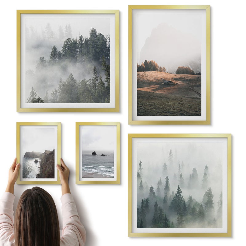 Galeria ścienna 5-częściowy komplet obrazów w złotych ramach - Naturalne krajobrazy górskie i nadmorskie widoki - ArtPrintCave