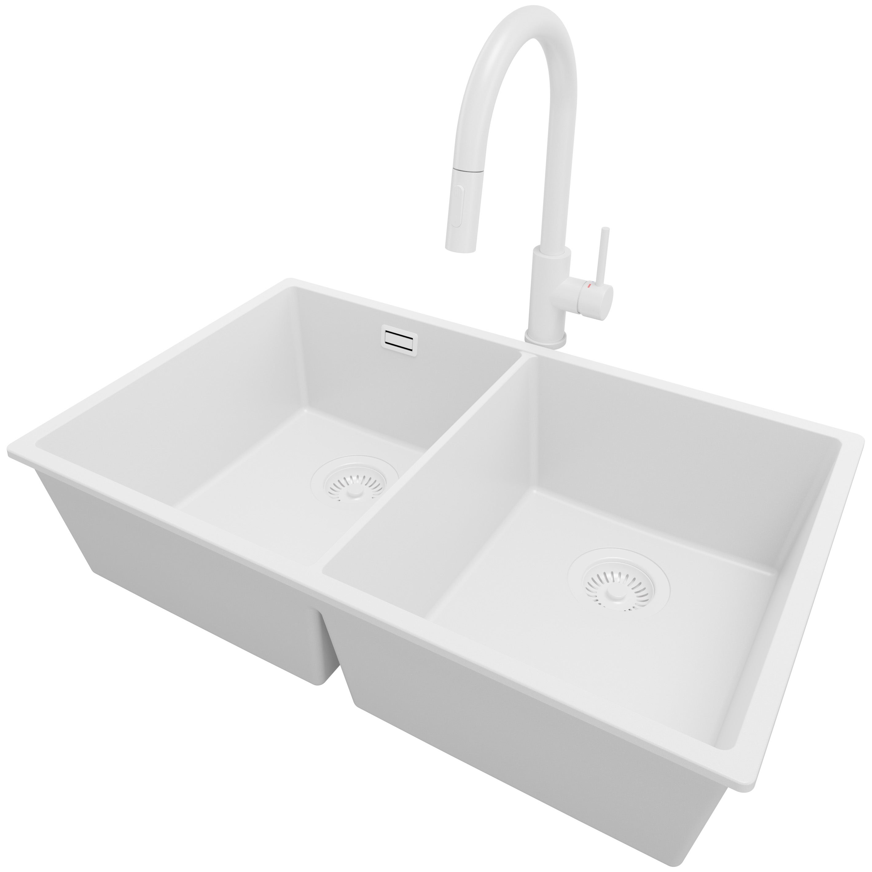 Zlewozmywak podblatowy Cały Biały 76x47cm, Zlew Kuchenny 2 Komorowy + Bateria 40x20cm + Syfon, do szafki od 80cm - Londyn Twin PRIMAGRAN