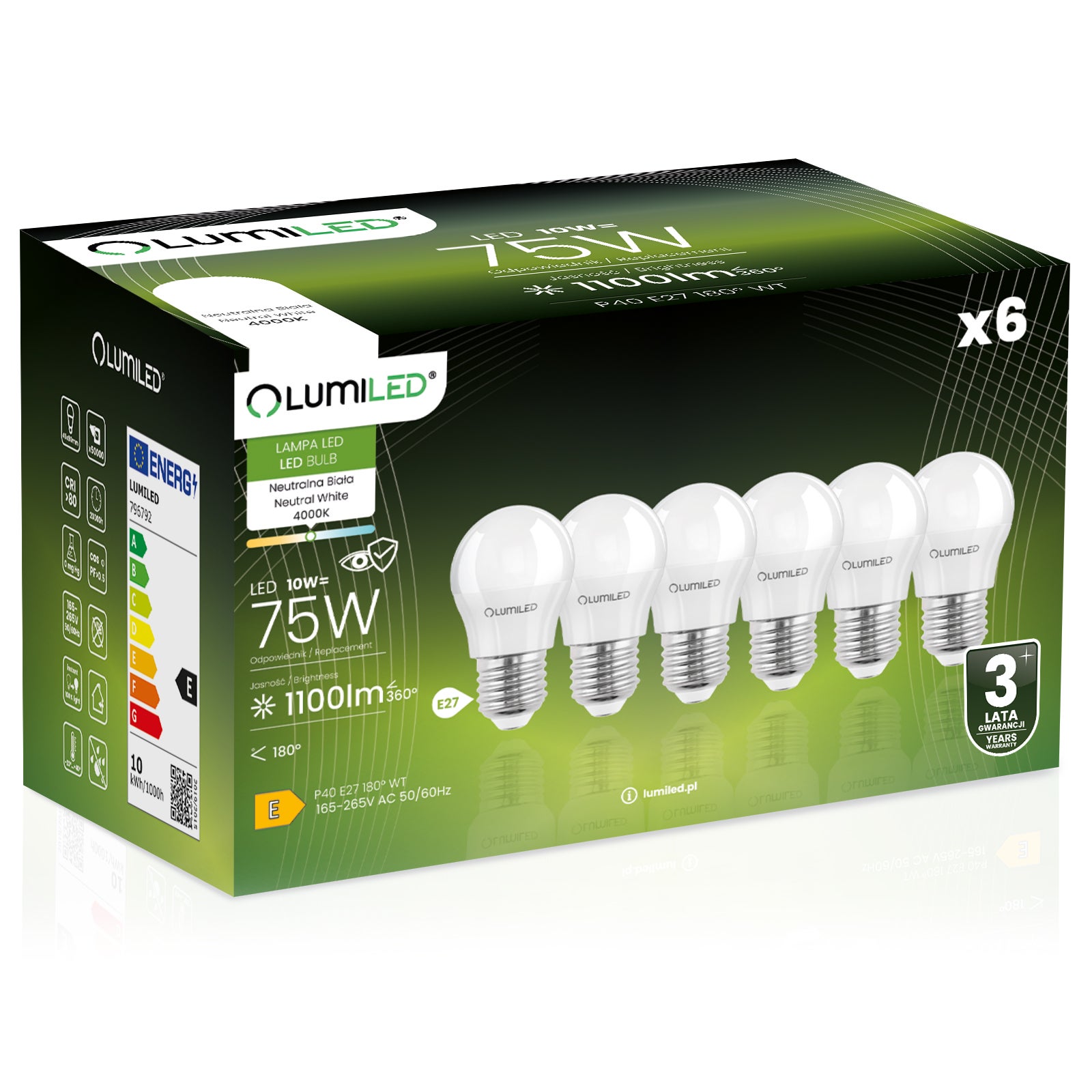 Żarówka LED Lumiled E27 Kulka P45 10W 1100lm 4000K Neutralna biel 180st 6 szt.
