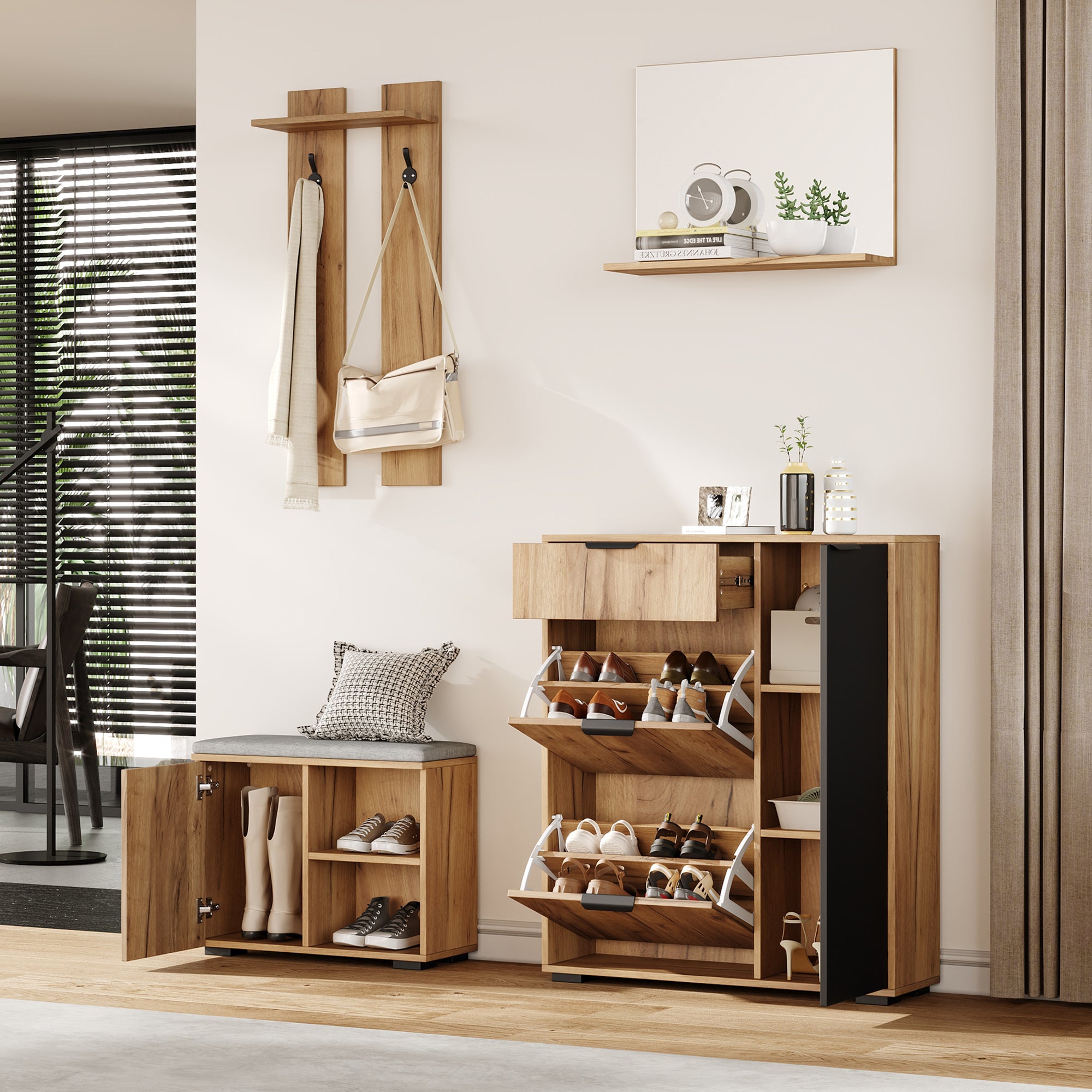 Zestaw szafek na buty z ławką, 1 lustrem, 1 szufladą, 2 wieszakami i 4 drzwiami - szer. 140 x gł. 35 x wys. 139 cm - Płyta wiórowa - Naturalna