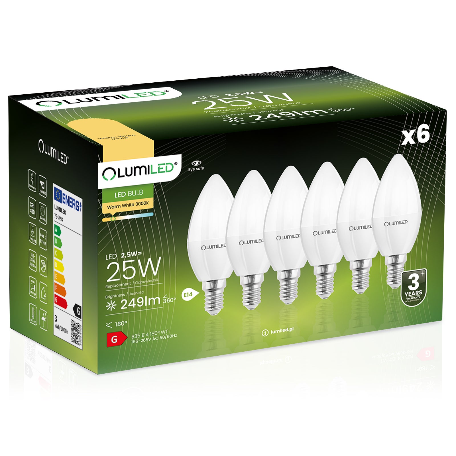6x Żarówka Lumiled LED E14 Świeczka B35 2,5W = 25W 249lm 3000K Ciepła 180st