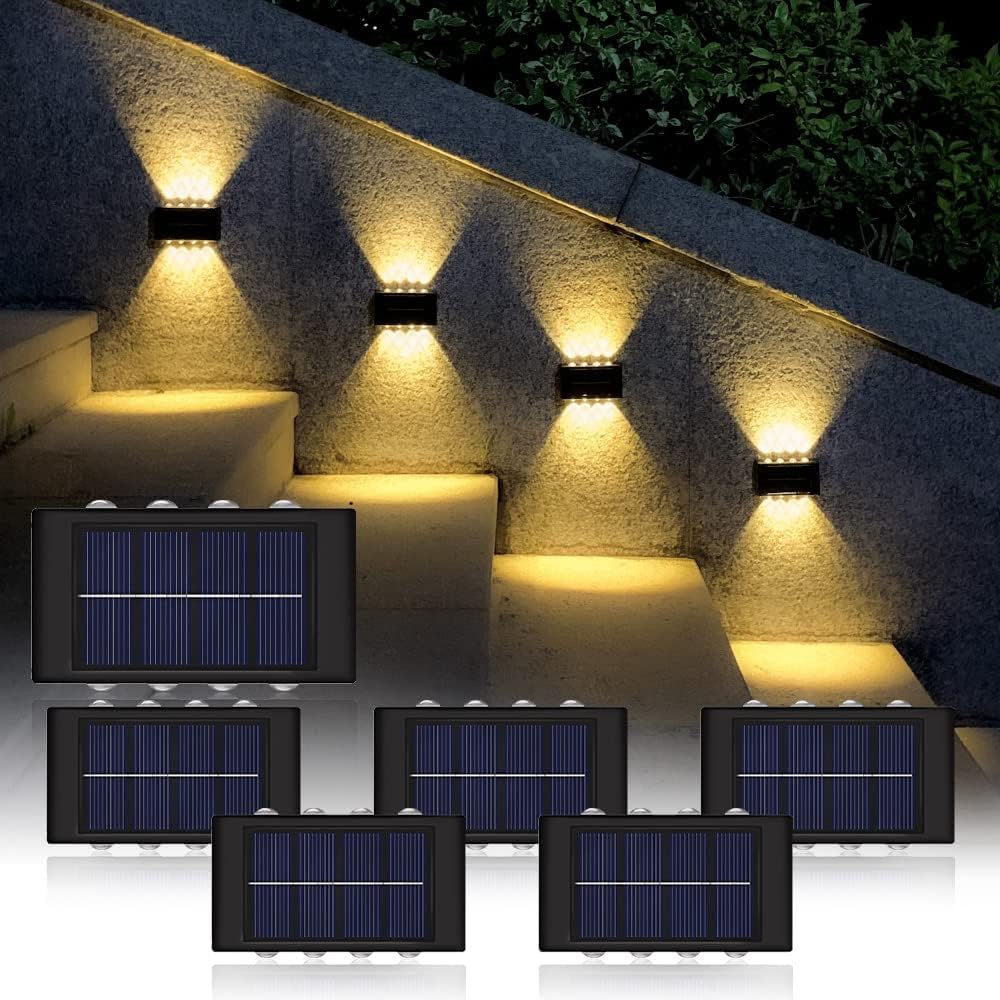 Zestaw 6 lamp solarnych 8 LED IP65, ciepłe 3000K, do ścian zewnętrznych, ogród/taras.