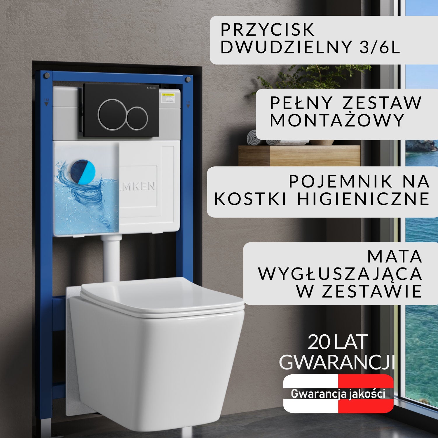 Stelaż podtynkowy WC Helmken 35120001 Zestaw 6w1: Czarny Mat Przycisk (E), Miska bezkołnierzowa, Deska wolnoopadająca, Pojemnik na kostki, Mata