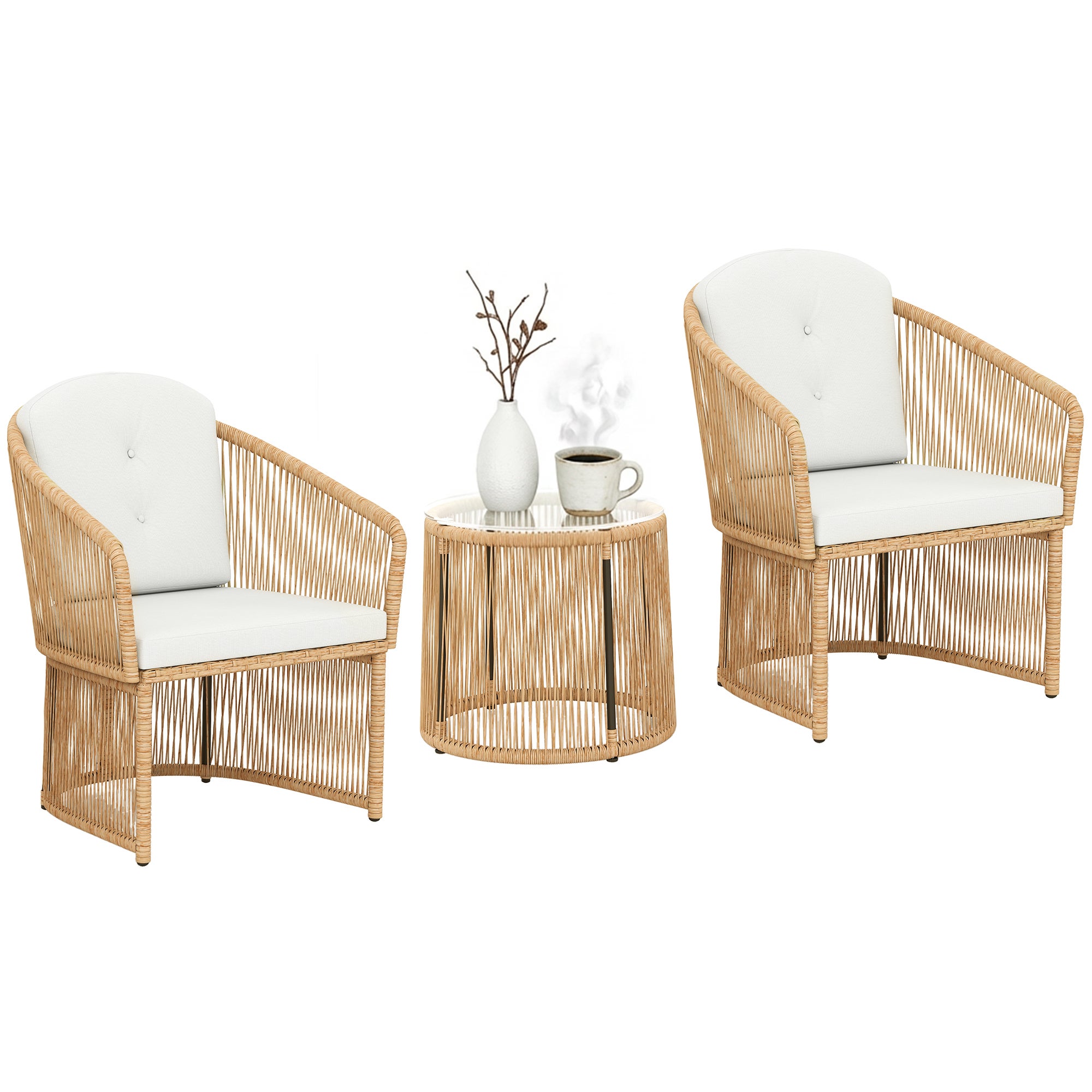 Rattan Bistro zestaw, 3-element ogród meble zestaw z Round Glass stół, Armchairs i poduszki, kremowy biały