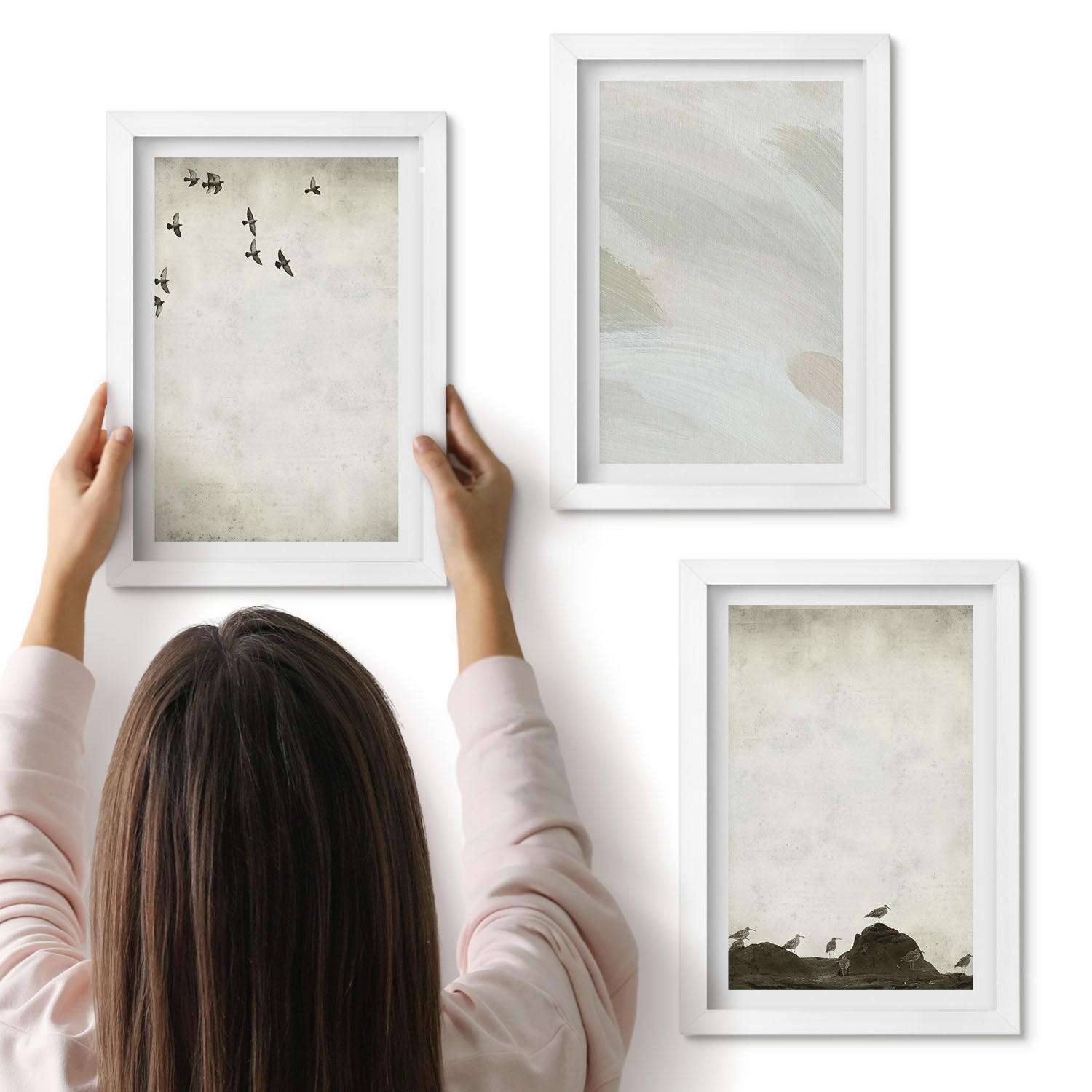 Galeria ścienna 3-częściowy komplet obrazów w białych ramach - Ptaki skały i ślady pędzla minimalistyczne dekoracje - ArtPrintCave