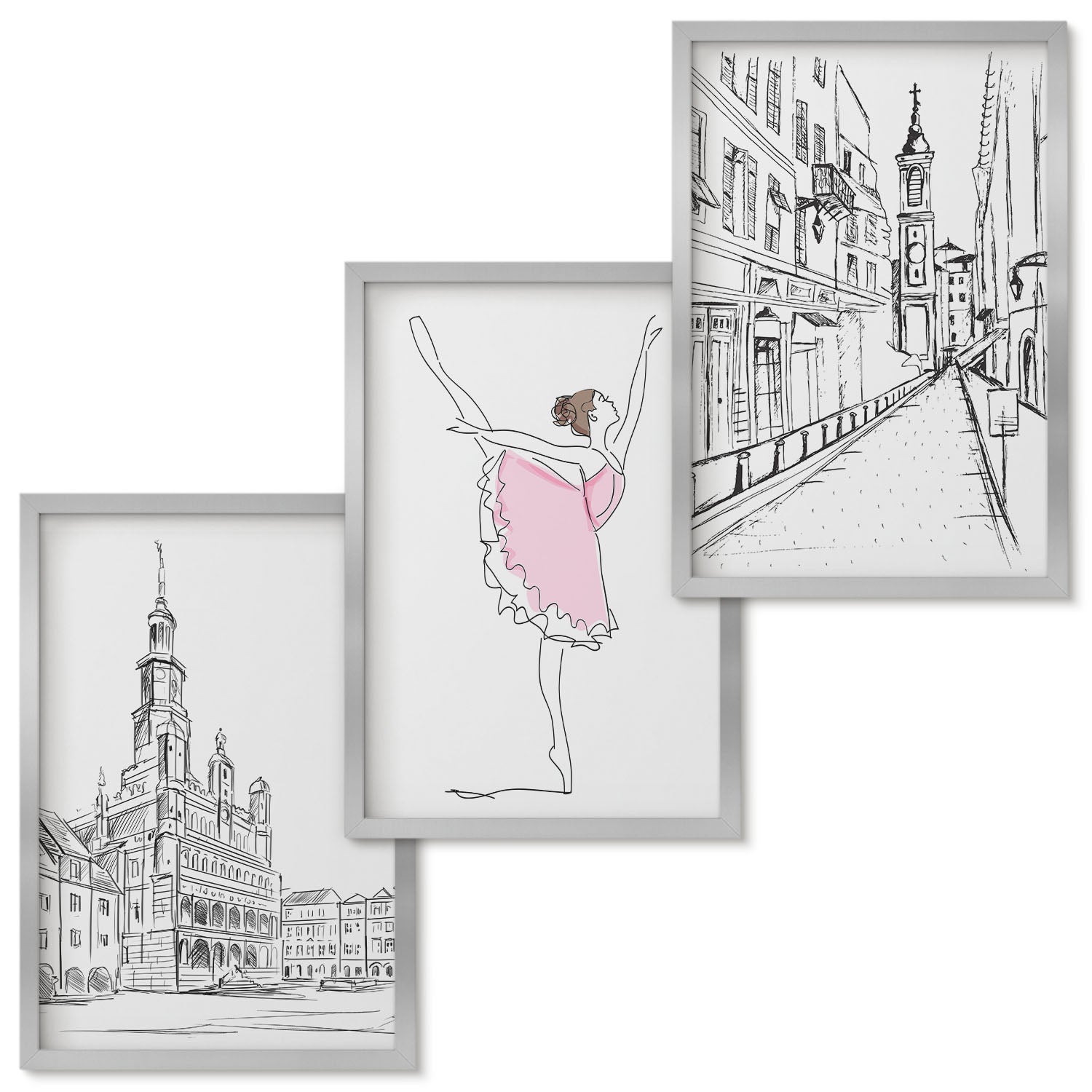 Zestaw obrazów w ramie - 3 części | Stylowe obrazy z tańczącą baletnicą i architekturą | Srebrna ramka