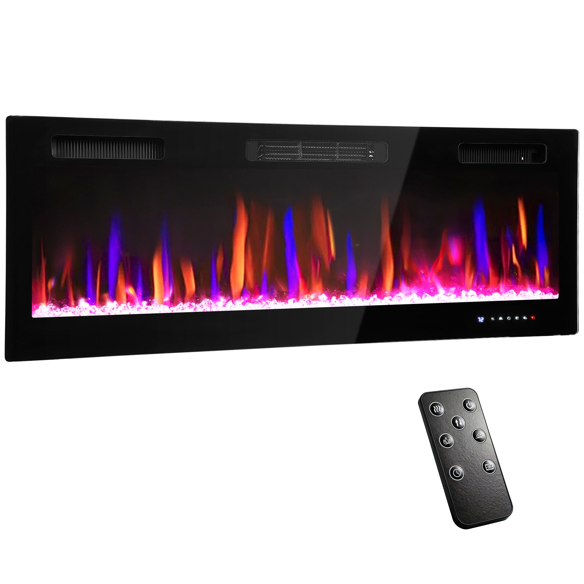 Kominek elektryczny do montażu na ścianie lub do zabudowy, 900W/1800W, 12-kolorowy efekt płomienia, 5 poziomów jasności, 127 x 9,4 x 47 cm, czarny