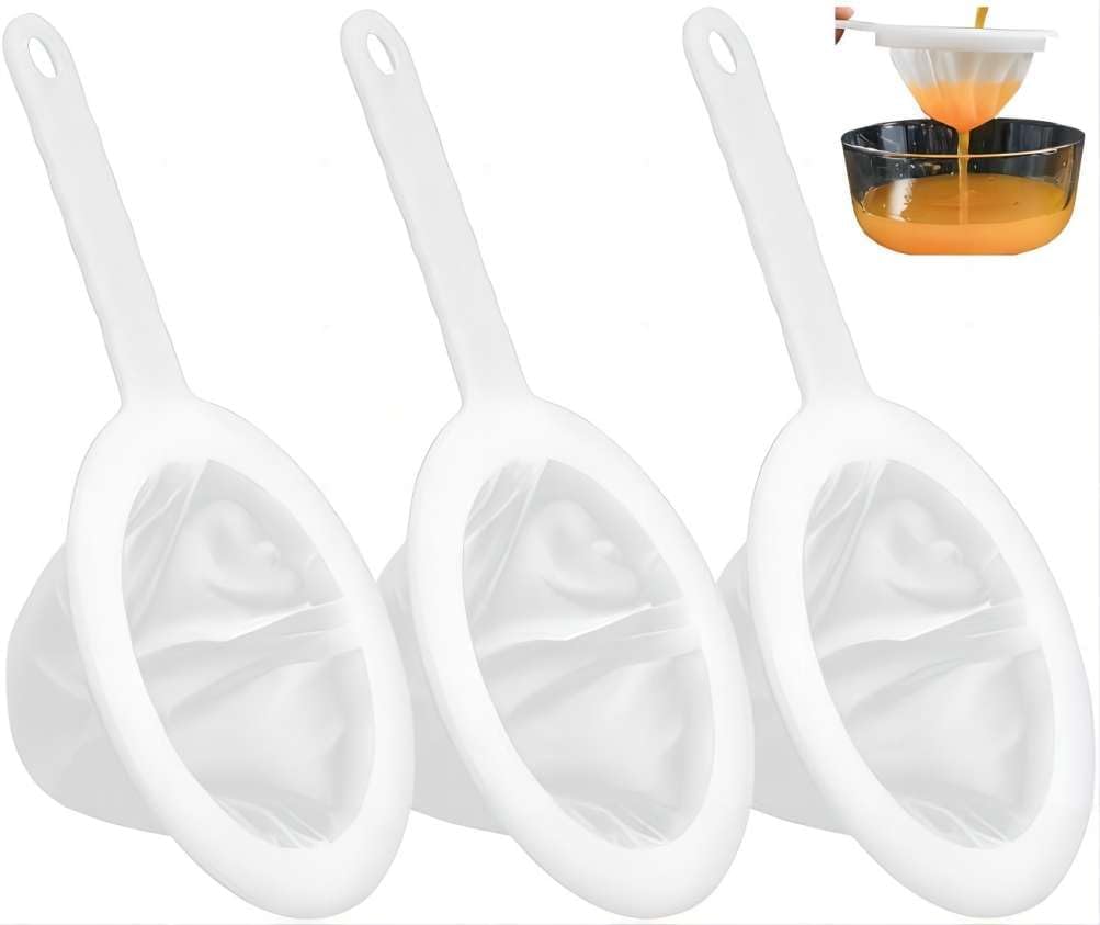 Zestaw 3 plastikowych sitek siatkowych, drobny filtr nylonowy z uchwytem (gęstość oczek 100/200/400), domowe sitko do mleka, soku, kawy, herbaty (gęst
