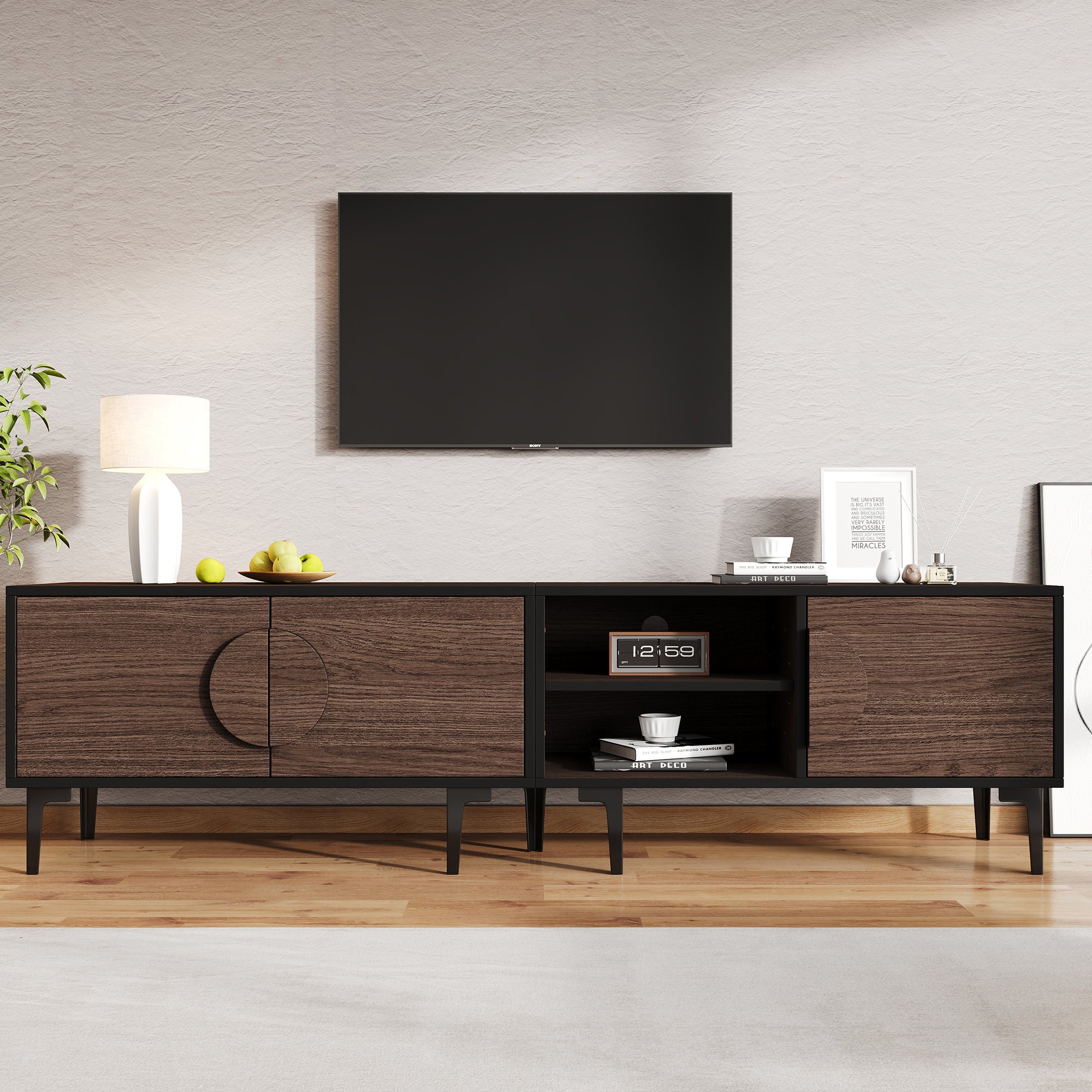 Meble pod TV 180x35x49 cm - z 3 frontami - Otwarte półki - Płyty wiórowe - Brązowy