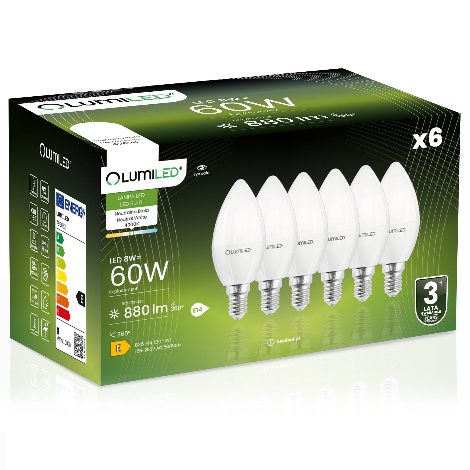 Żarówka LED Lumiled E14 Świeczka B35 8W 880lm 4000K Neutralna biel 180st 6 szt.