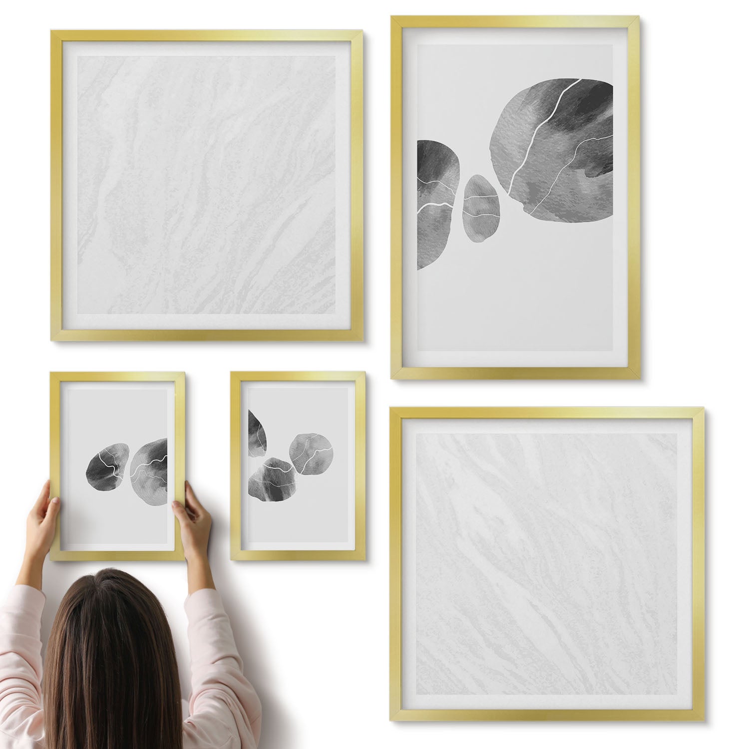 Galeria ścienna 5-częściowy komplet obrazów w złotych ramach - Plam farb abstrakcyjne malarstwo minimalistyczne - ArtPrintCave