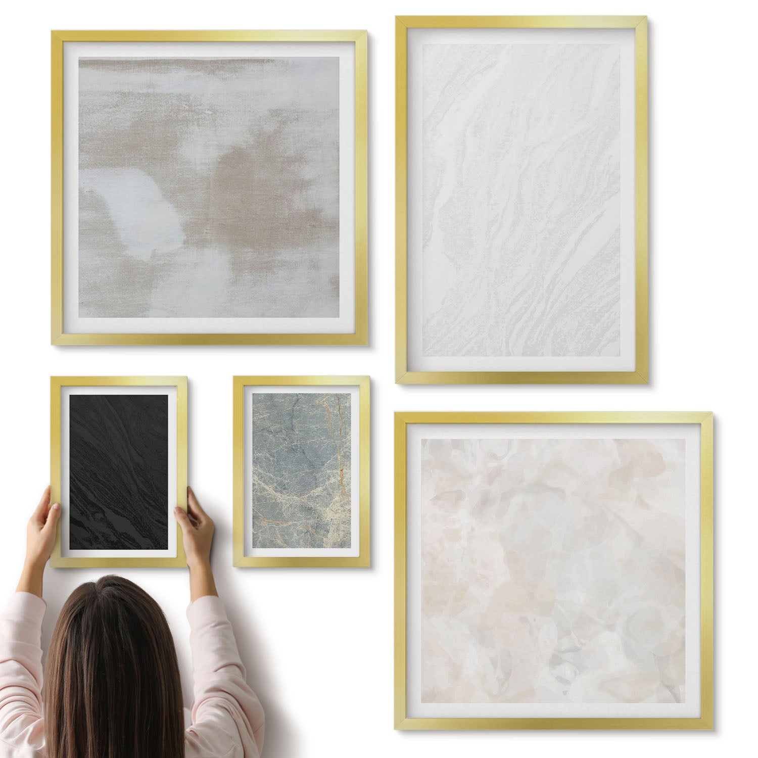 Galeria ścienna 5-częściowy komplet obrazów w złotych ramach - Różne kolory eleganckich struktur kamiennych - ArtPrintCave