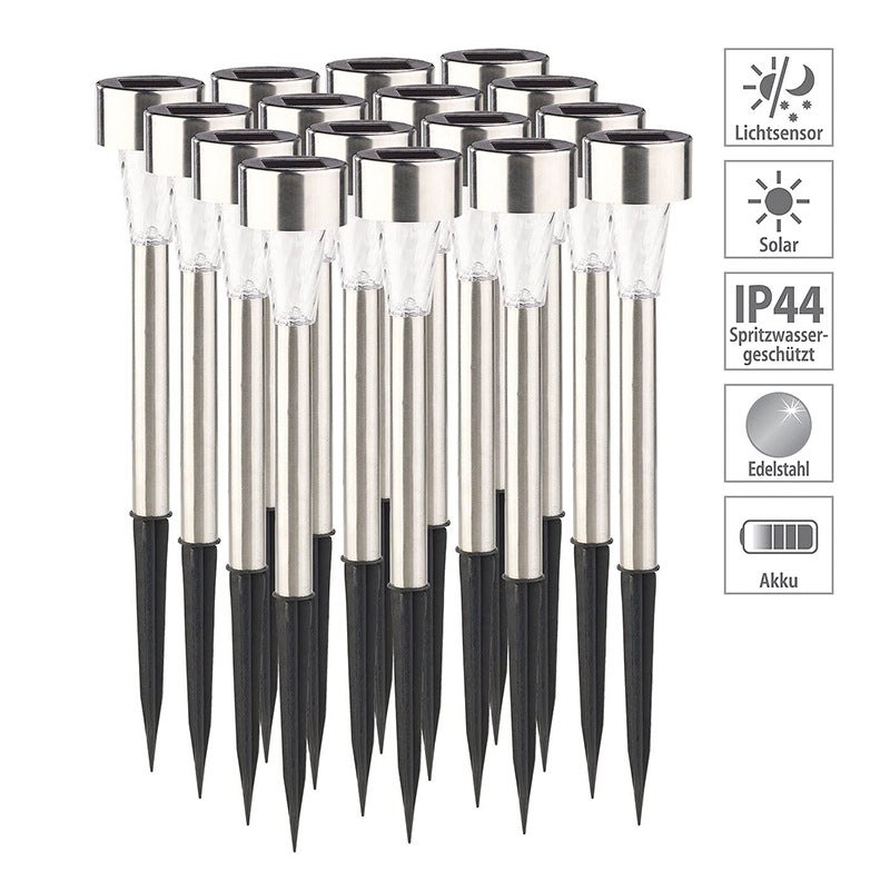 Zestaw 16 lamp solarnych LED na słupkach, lamp ogrodowych na palikach