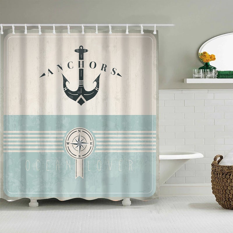 Nautique Zasłona Prysznicowa, Kotwica Morska Vintage, Zestaw Tkanin do Dekoracji Łazienki z Haczykami, 180 cm x 180 cm, Piana Morska Czarny Beż