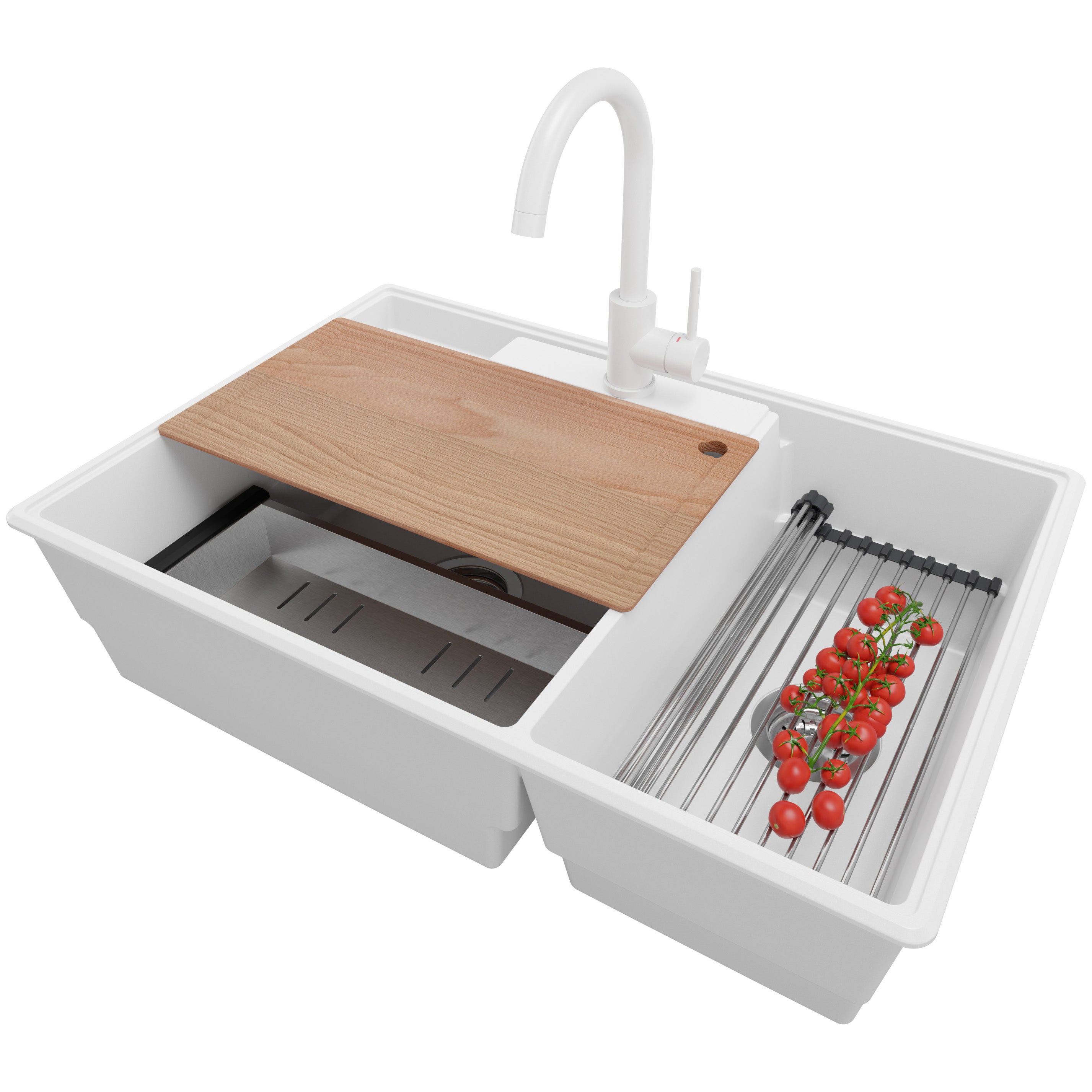 Zlewozmywak Granitowy Biały 78x53cm, Zlew Kuchenny 2 Komorowy + Bateria 32x20cm + Syfon + Akcesoria, Nablatowy do szafki od 80cm - Paryż PRIMAGRAN
