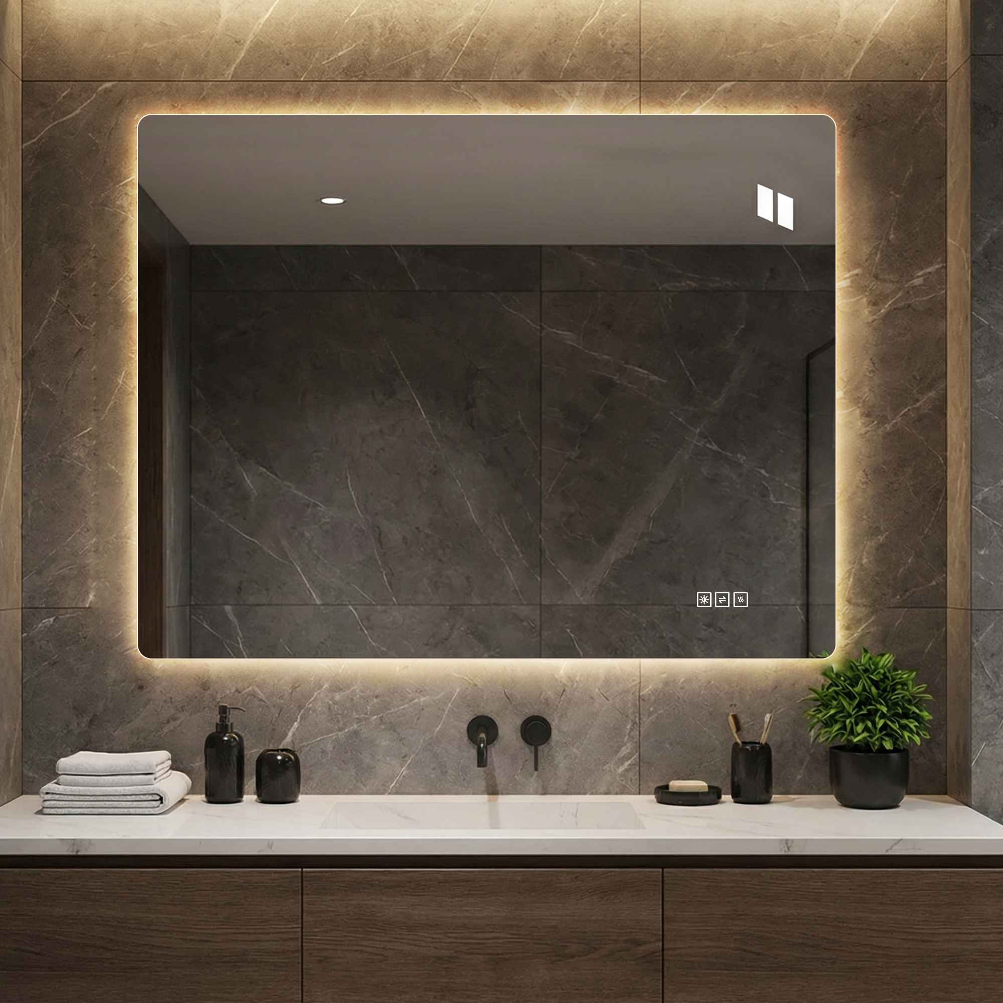 Lustro łazienkowe LED 70×90 cm, podświetlane, bezramkowe, przeciwmgielne, z funkcją ściemniania dotykowego, 3 kolory 3000K-6000K, szkło HD bez miedzi