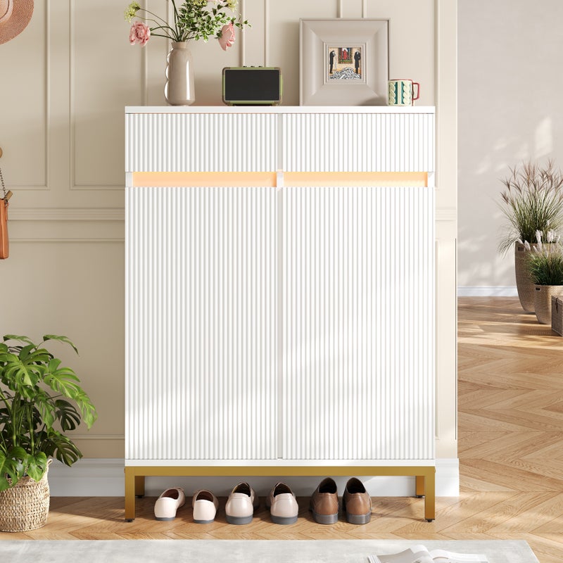 Szafka na buty z 2 drzwiami, 2 szufladami, regulowanymi półkami i oświetleniem LED - MDF i płyta wiórowa - 80 x 35 x 103 cm - biała