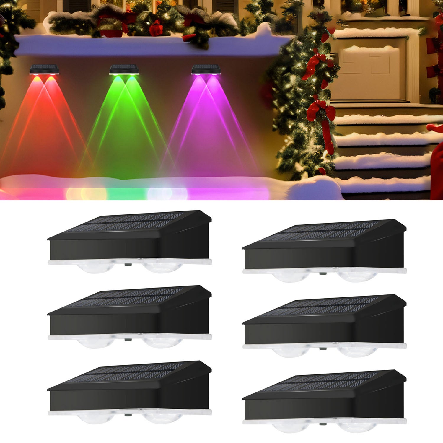 Zestaw 6 lamp solarnych do ogrodu na ogrodzenie, reflektory LED z soczewką, oświetlenie ścienne RGB, ciepła biel dla ogrodu