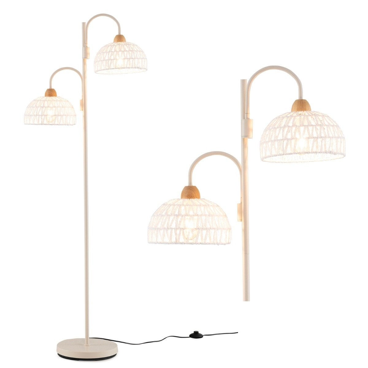 Lampa podłogowa z 2 światłami i przełącznikiem nożnym, lampa w kształcie drzewa, obracana o 350°, klosze tkane