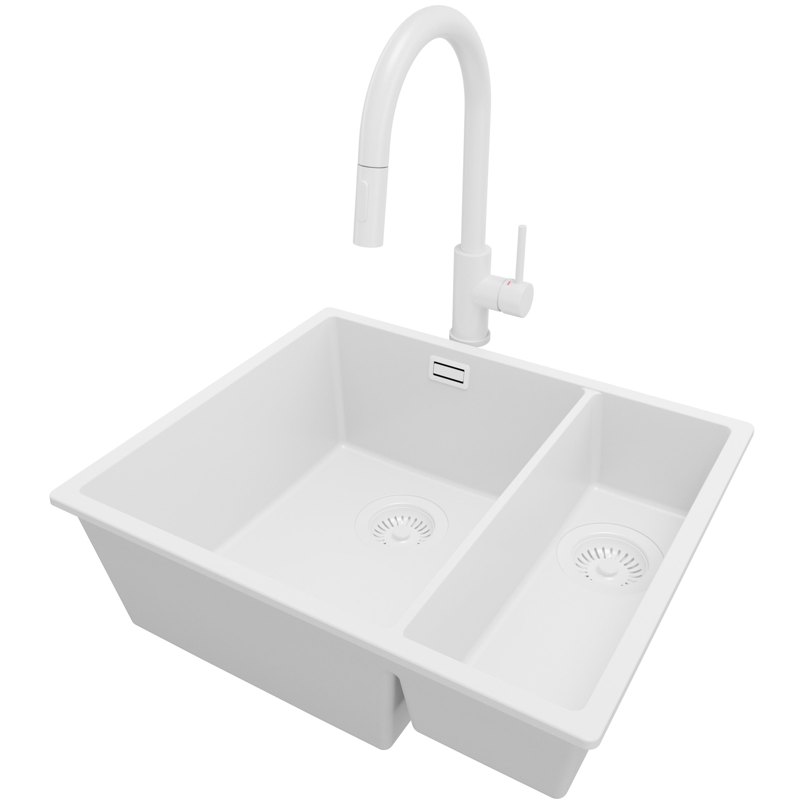 Zlewozmywak podblatowy Cały Biały 56x47cm, Zlew Kuchenny 1,5 Komorowy + Bateria 40x20cm + Syfon, do szafki od 60cm - Londyn Duo PRIMAGRAN