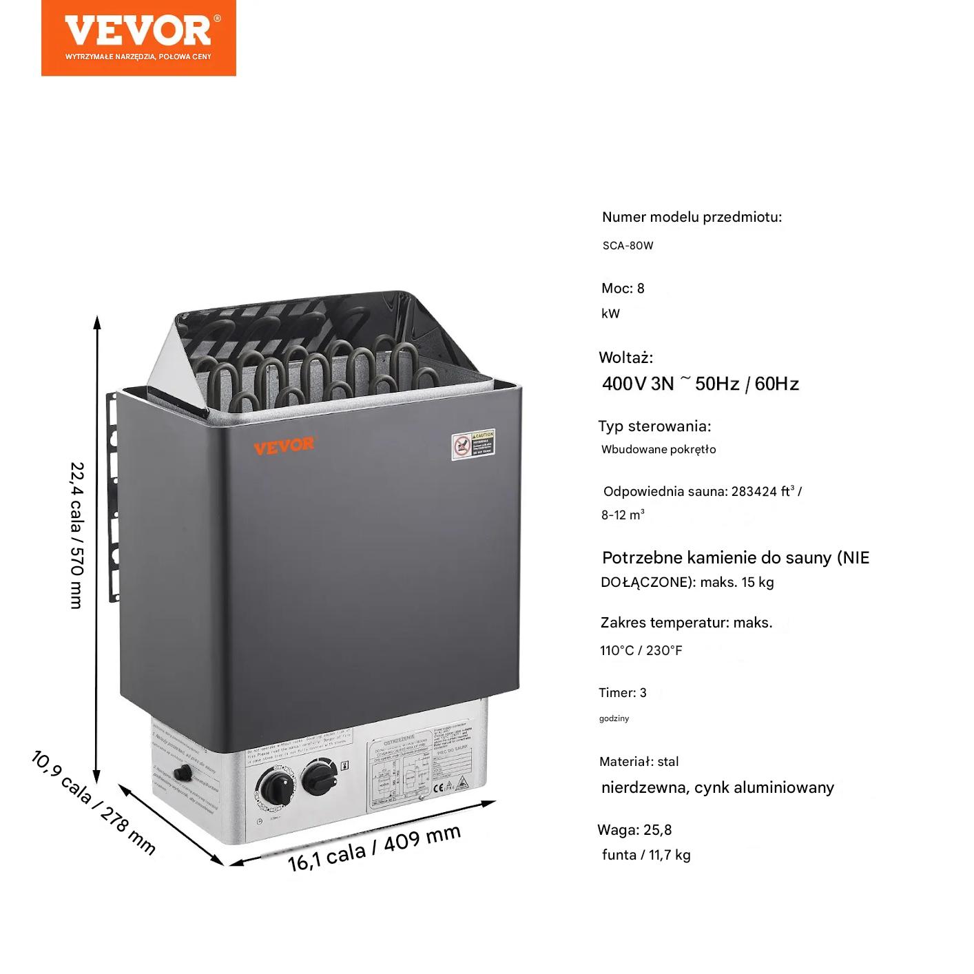 Piec do sauny elektryczny 8kW 400V timer do domu i SPA 110°C