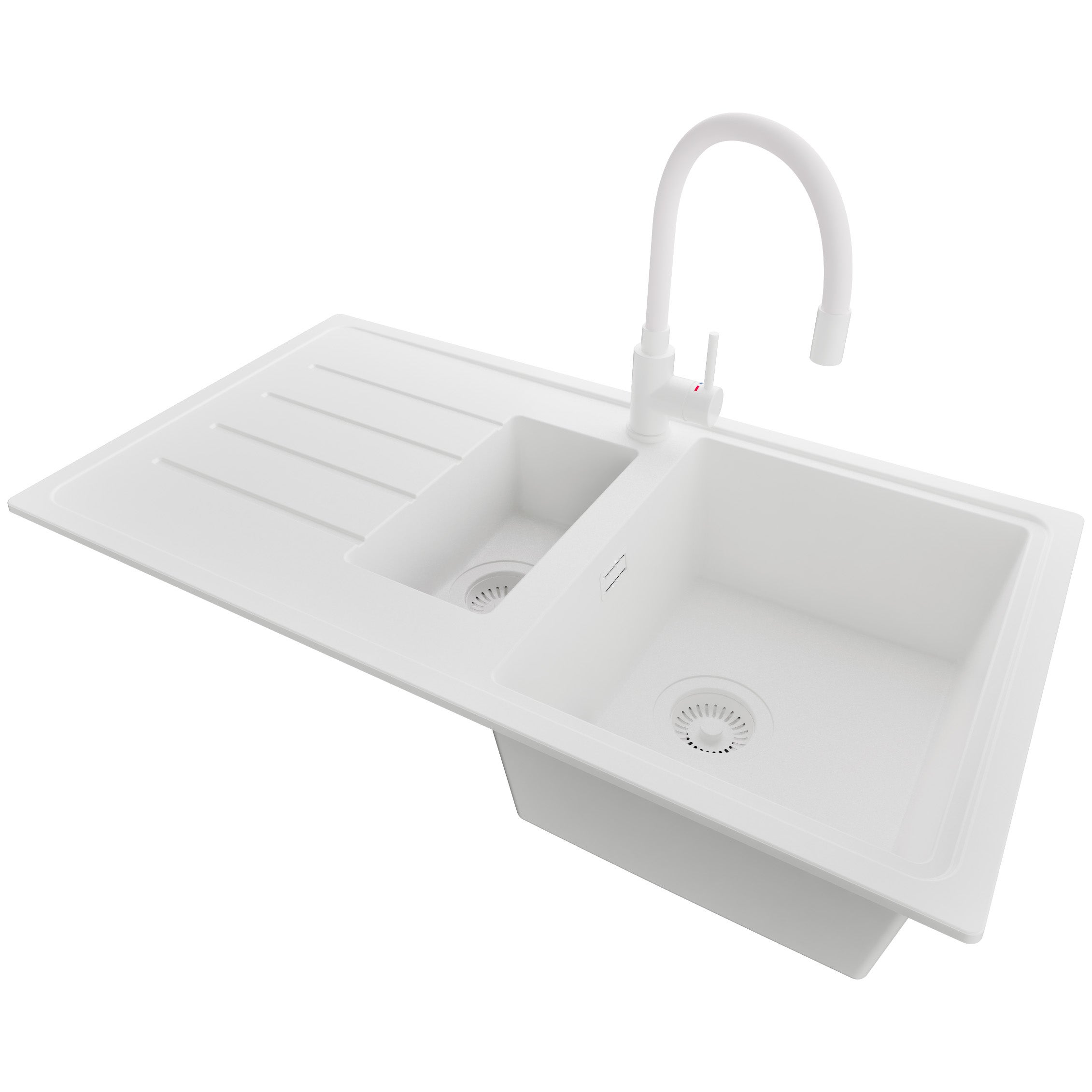 Zlewozmywak Granitowy Cały Biały 90x50cm, Zlew Kuchenny 1,5 Komorowy + Bateria 38x14cm + Syfon, Nablatowy do szafki od 60cm - Kopenhaga Duo PRIMAGRAN