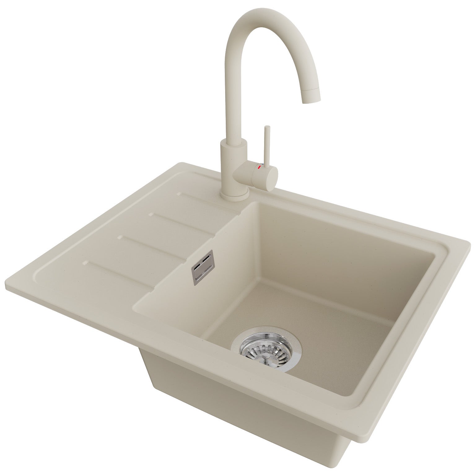 Zlewozmywak Granitowy Beżowy 55x44cm, Zlew Kuchenny 1 Komorowy + Bateria 32x20cm + Syfon, Nablatowy do szafki od 45cm - Kopenhaga Easy PRIMAGRAN