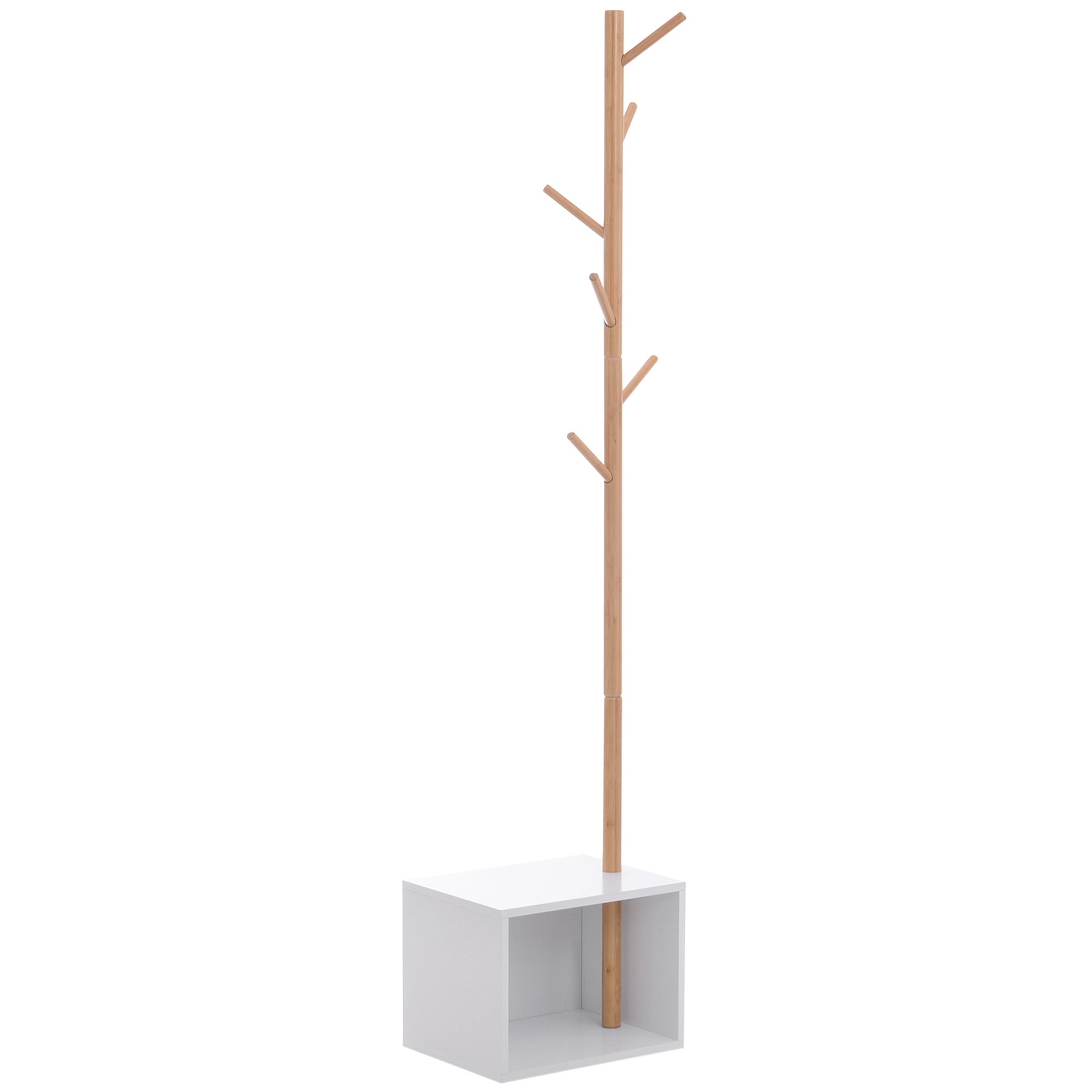 Przytulny wieszak i szafka 2 w 1, 40 dł. x 30 szer. x 180 wys. cm, biała płyta MDF, lite drewno, bambus
