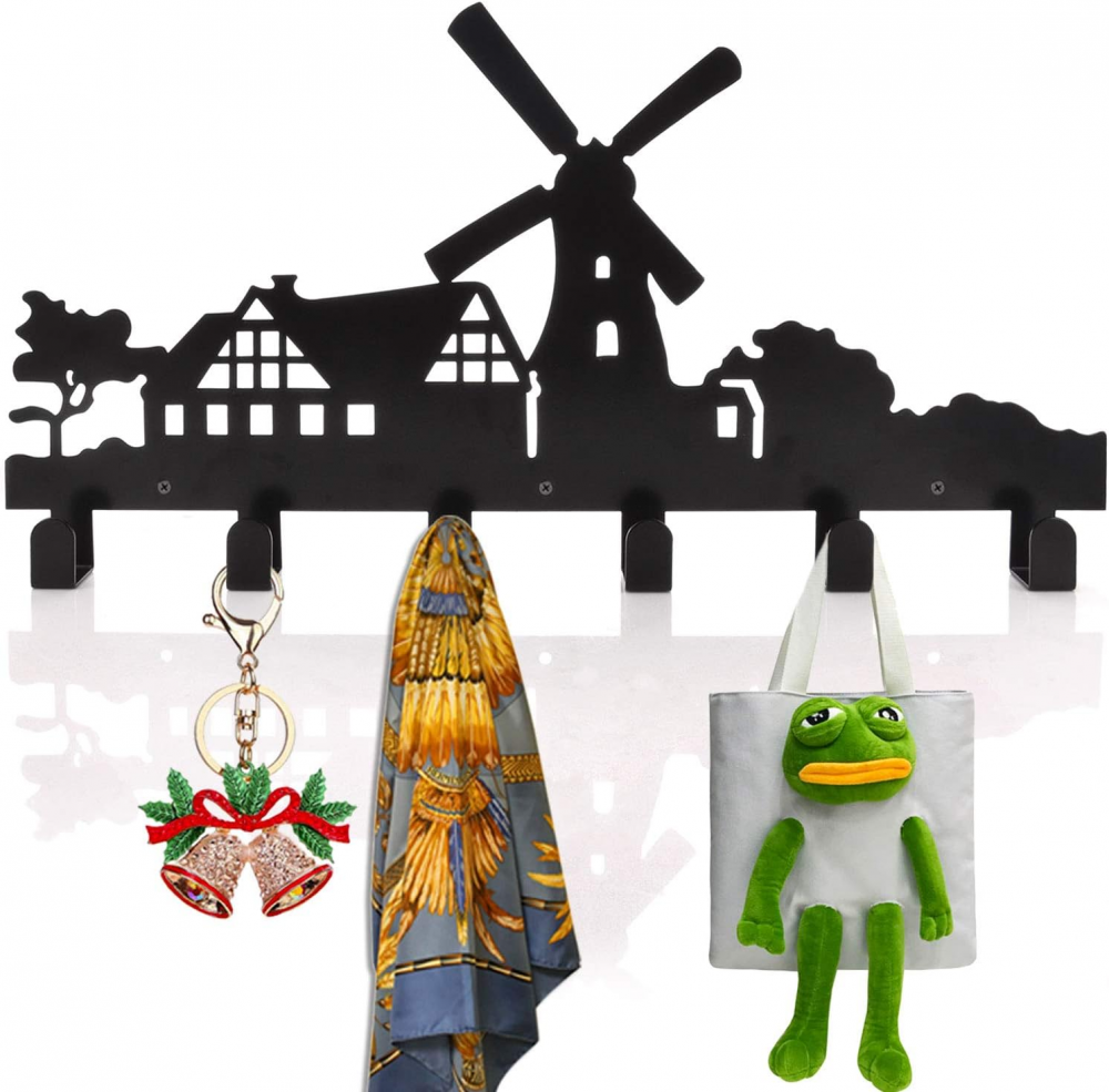 Wieszaki ścienne z 6 haczykami, metalowy wieszak ścienny na płaszcze, czapki, ubrania, torby, klucze lub ręczniki (Windmill)