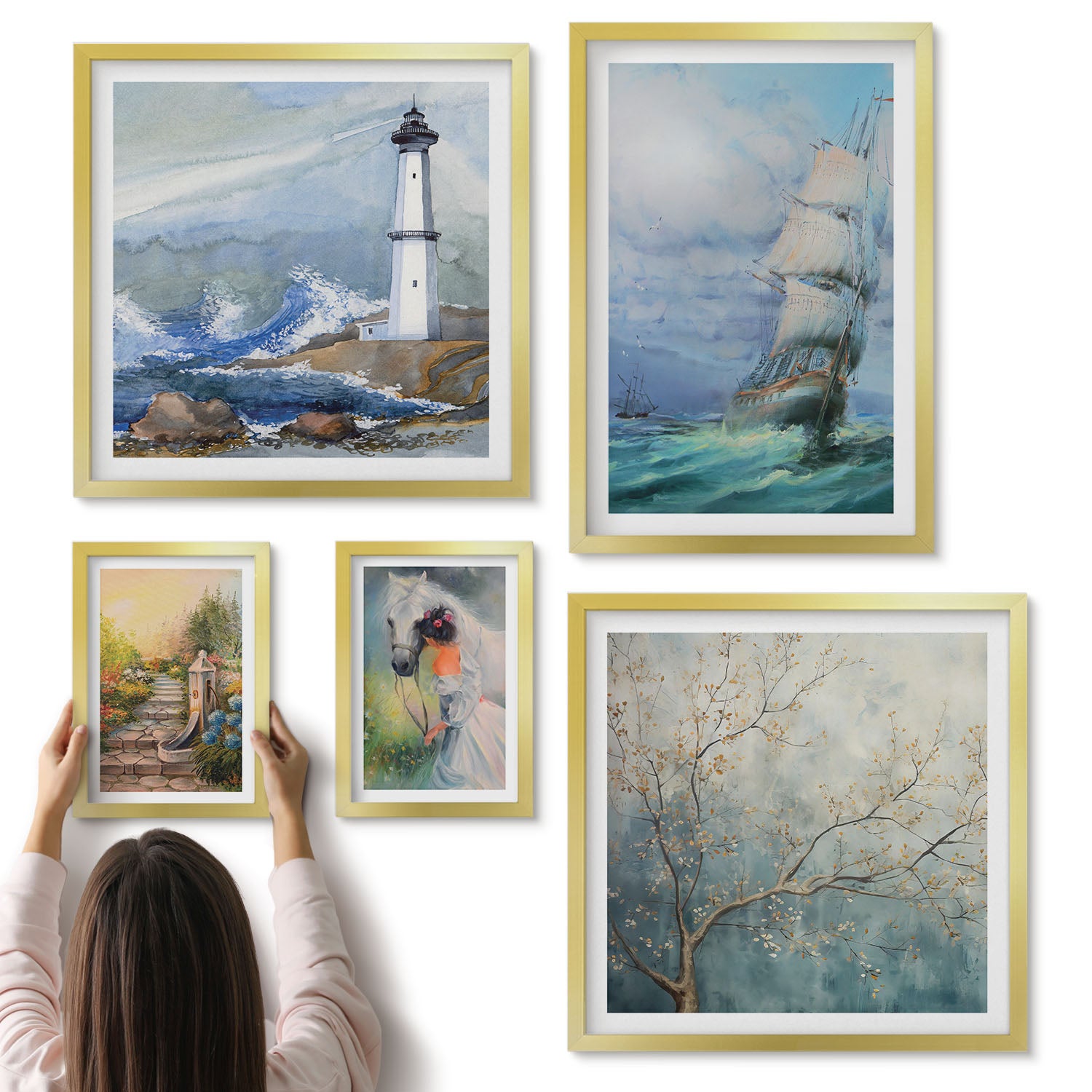 Galeria ścienna 5-częściowy komplet obrazów w złotych ramach - Morskie przygody i romantyczne pejzaże natury - ArtPrintCave