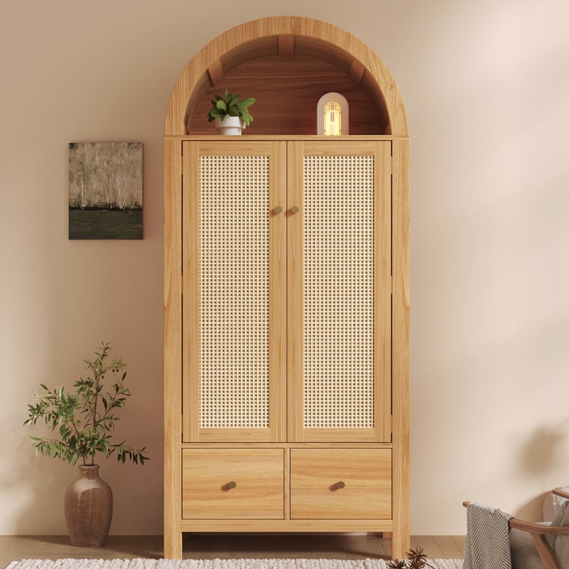Szafa 78x45x181cm - Otwarte półki i drążki na ubrania - z 2 drzwiami rattanowymi i 2 szufladami - styl rustykalny - kolor dębowy