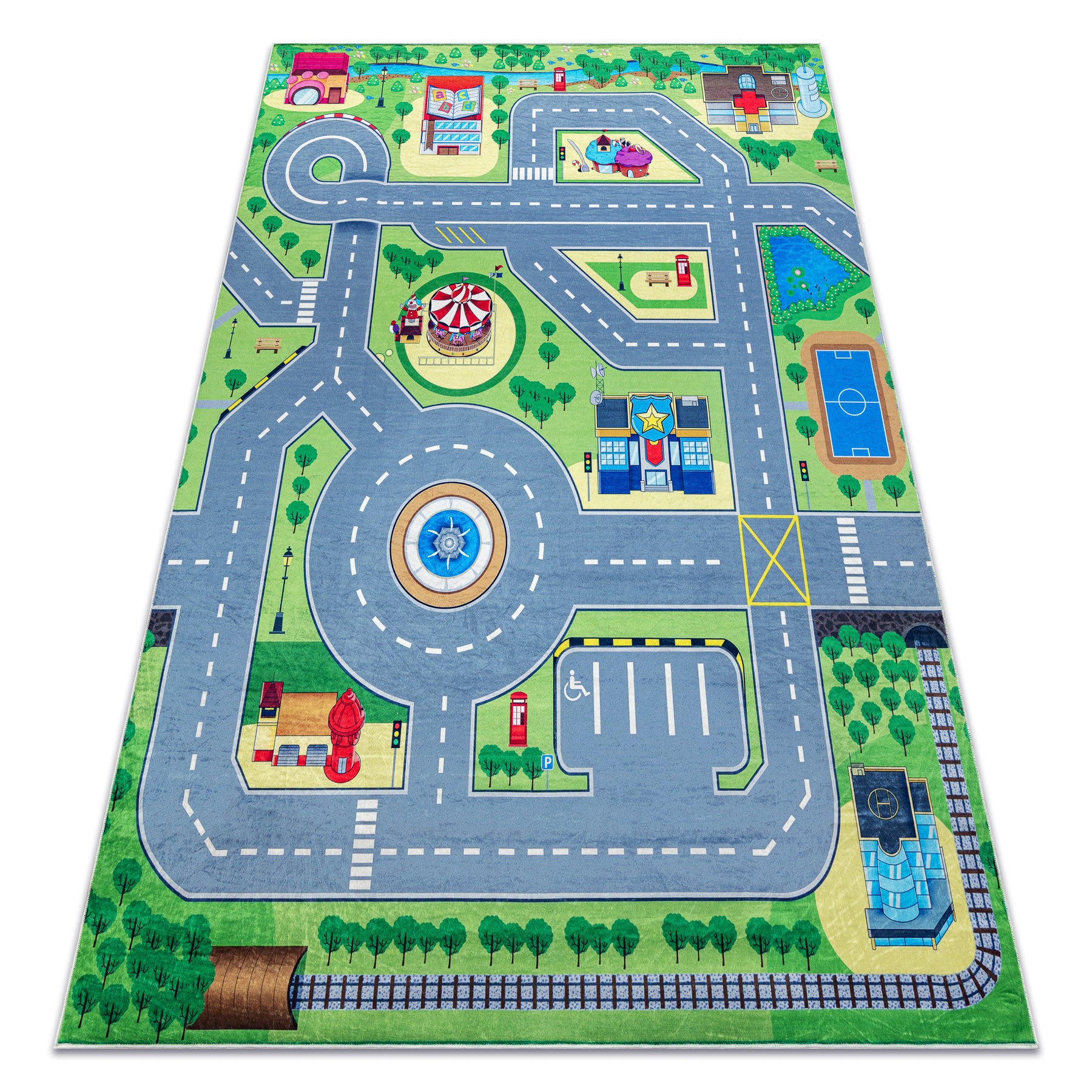 Dywan do prania BAMBINO 9028 Miasto, ulice, uliczki dla dzieci, antypoślizgowy - zielony / szary 200x290 cm