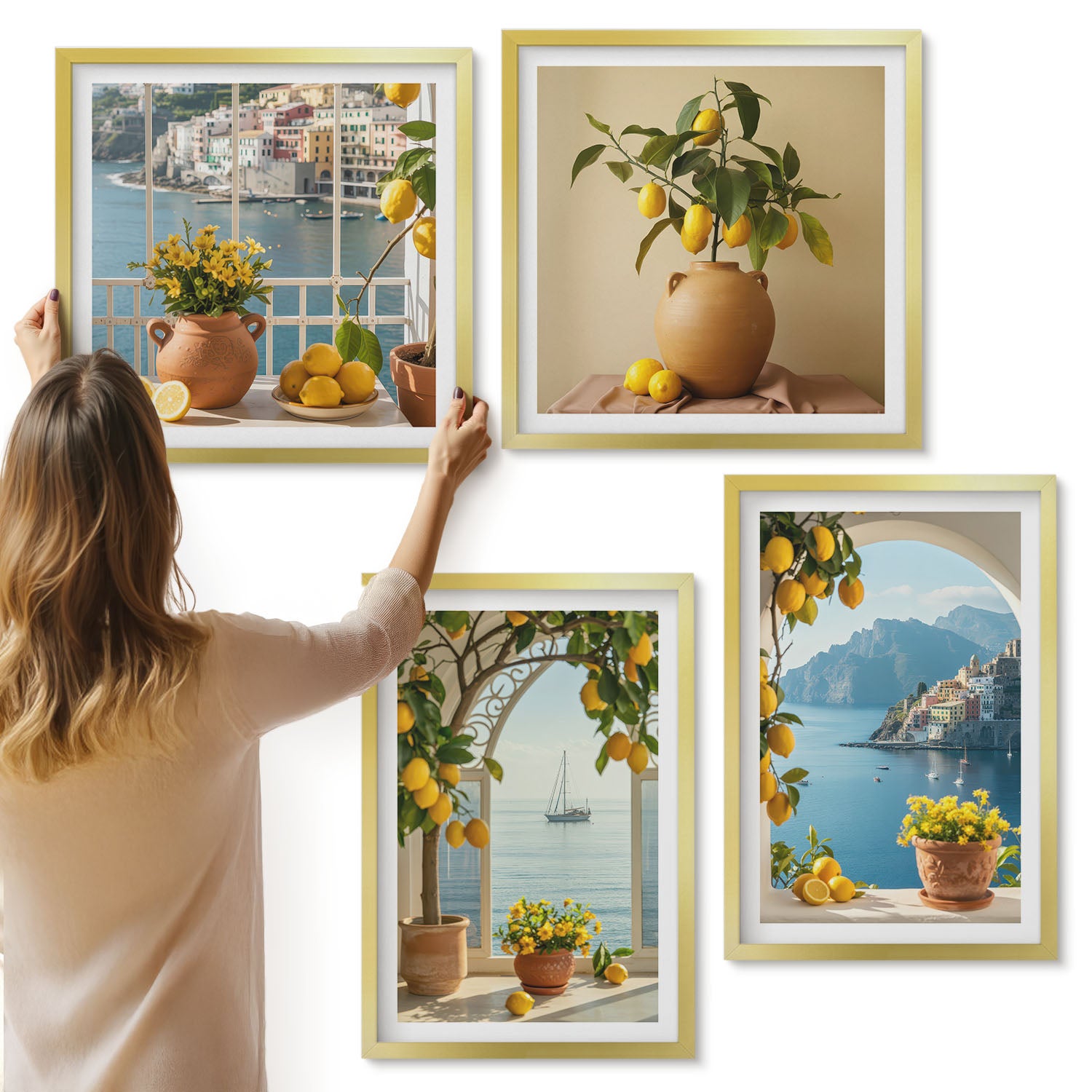 Galeria ścienna 4-częściowy komplet obrazów w złotych ramach - Morze miasteczko cytryny i kwiaty w doniczkach - ArtPrintCave