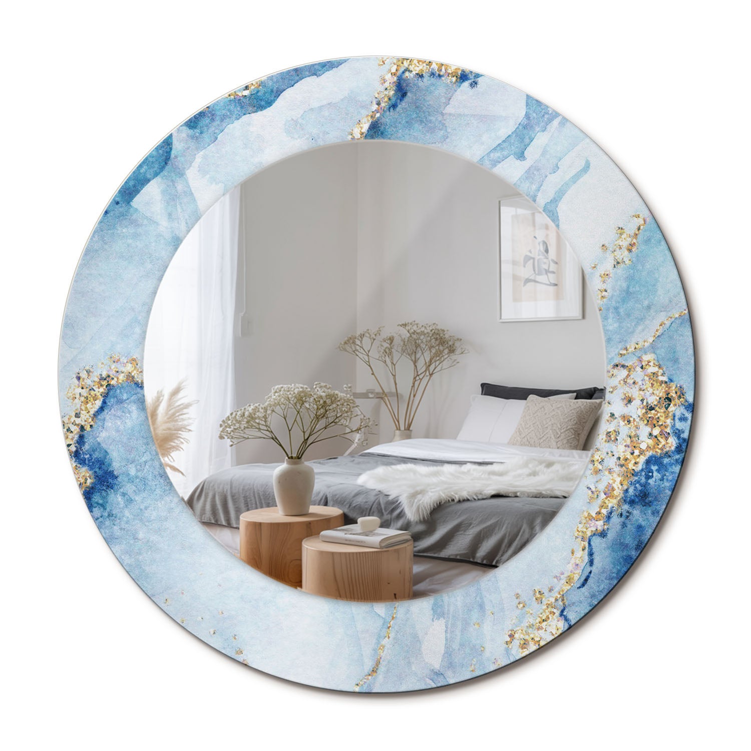Okrągłe lustro do wnętrz z elegancką ramą szklaną i trwałym nadrukiem Błękitny marmur - 50 cm - ArtPrintCave